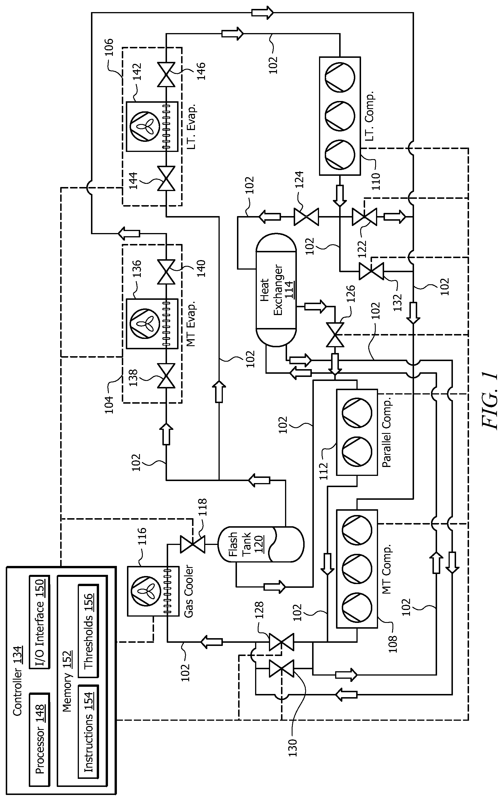Patent US12320558 — CO 2 refrigeration system with isochoric compression — Figure 1