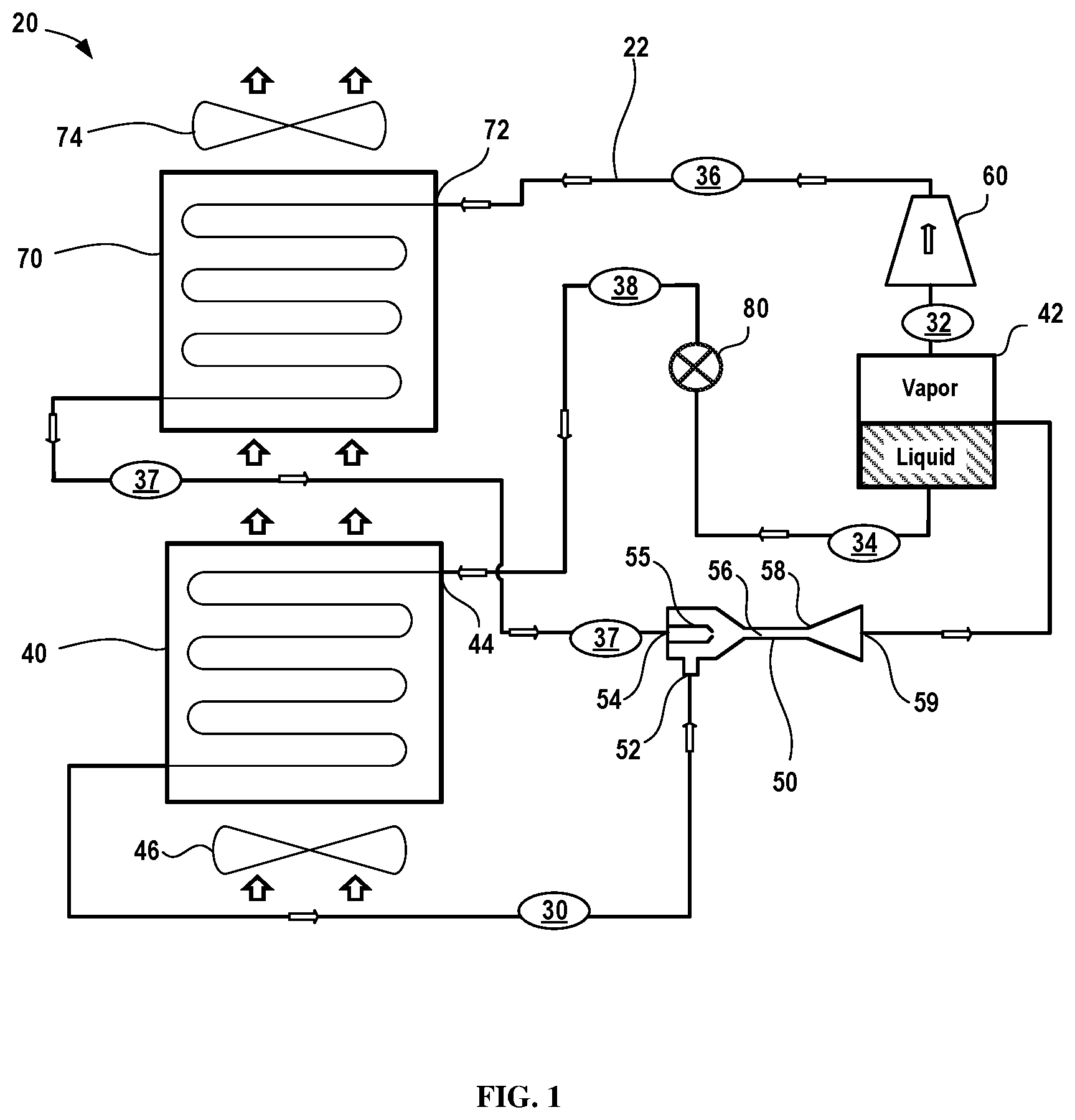 Patent US12320569 — Climate control systems having ejector cooling for use with moderate to high glide working fluids and methods for operation thereof — Figure 1