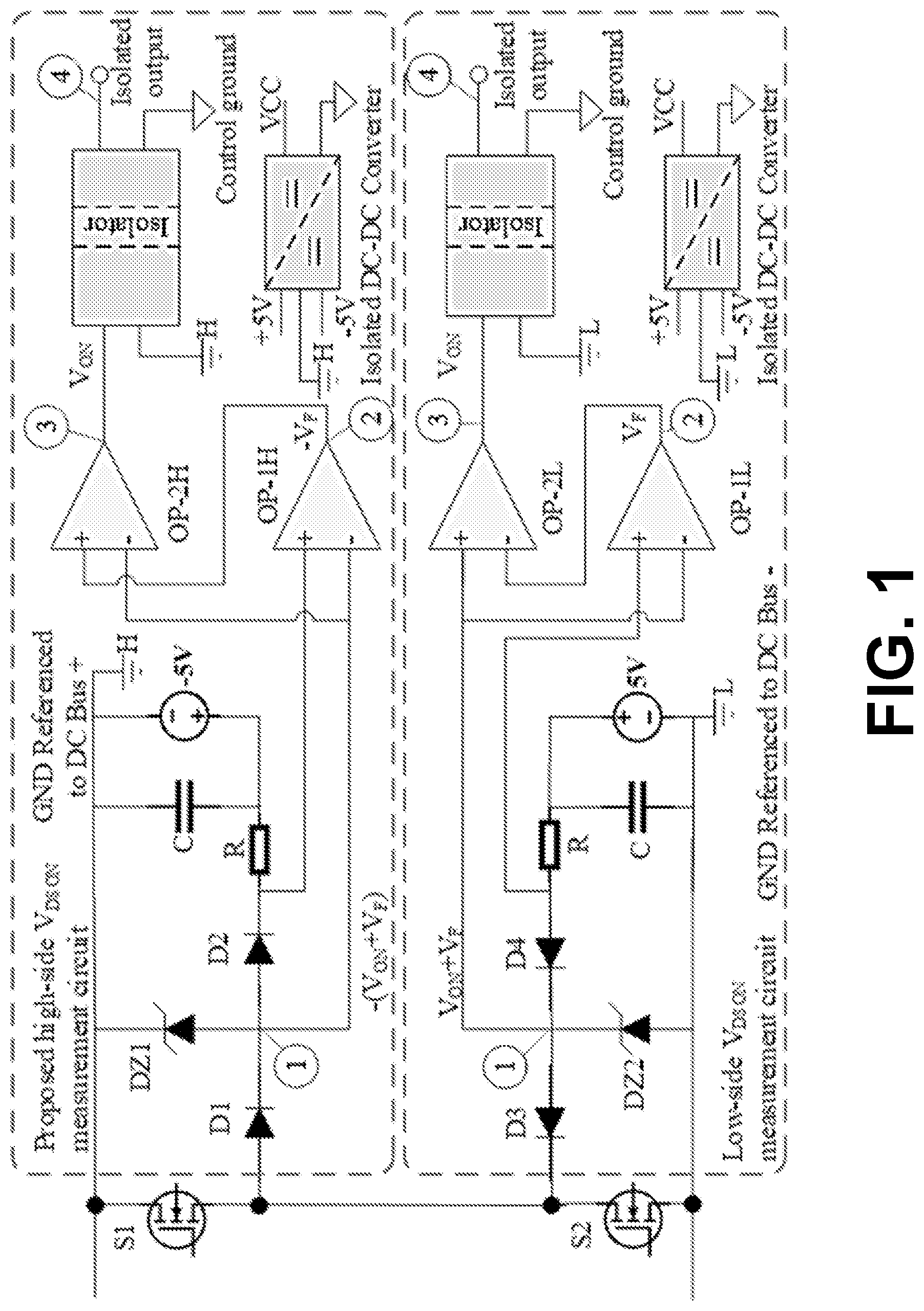 Patent US12320829 — On-state voltage measurement of high-side and low-side power transistors in a half-bridge for in-situ prognostics — Figure 1