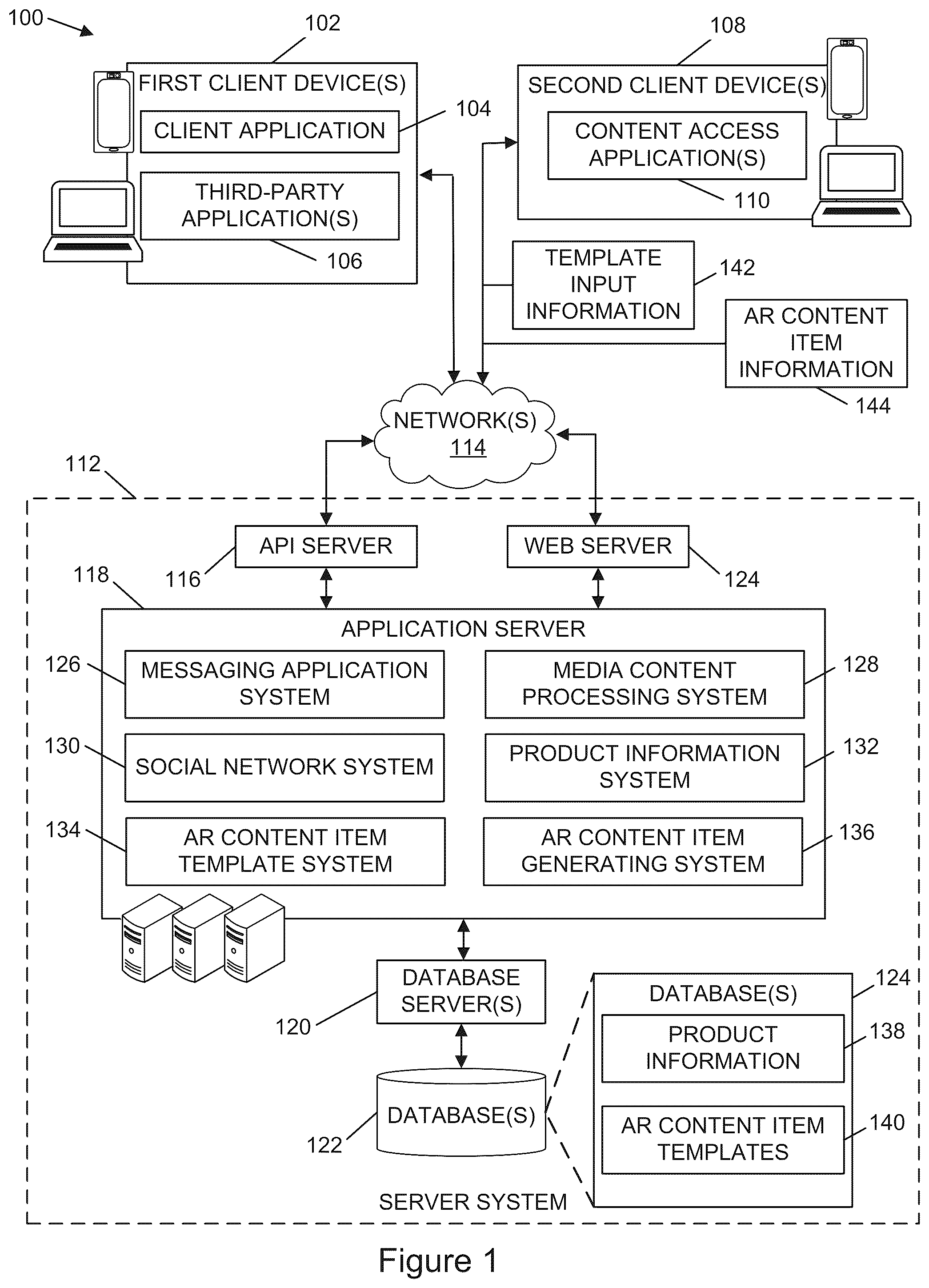 Patent US12321982 — Methods, systems, and one or more non-transitory computer-readable storage media including templates to generate augmented reality content items that display product information — Figure 1