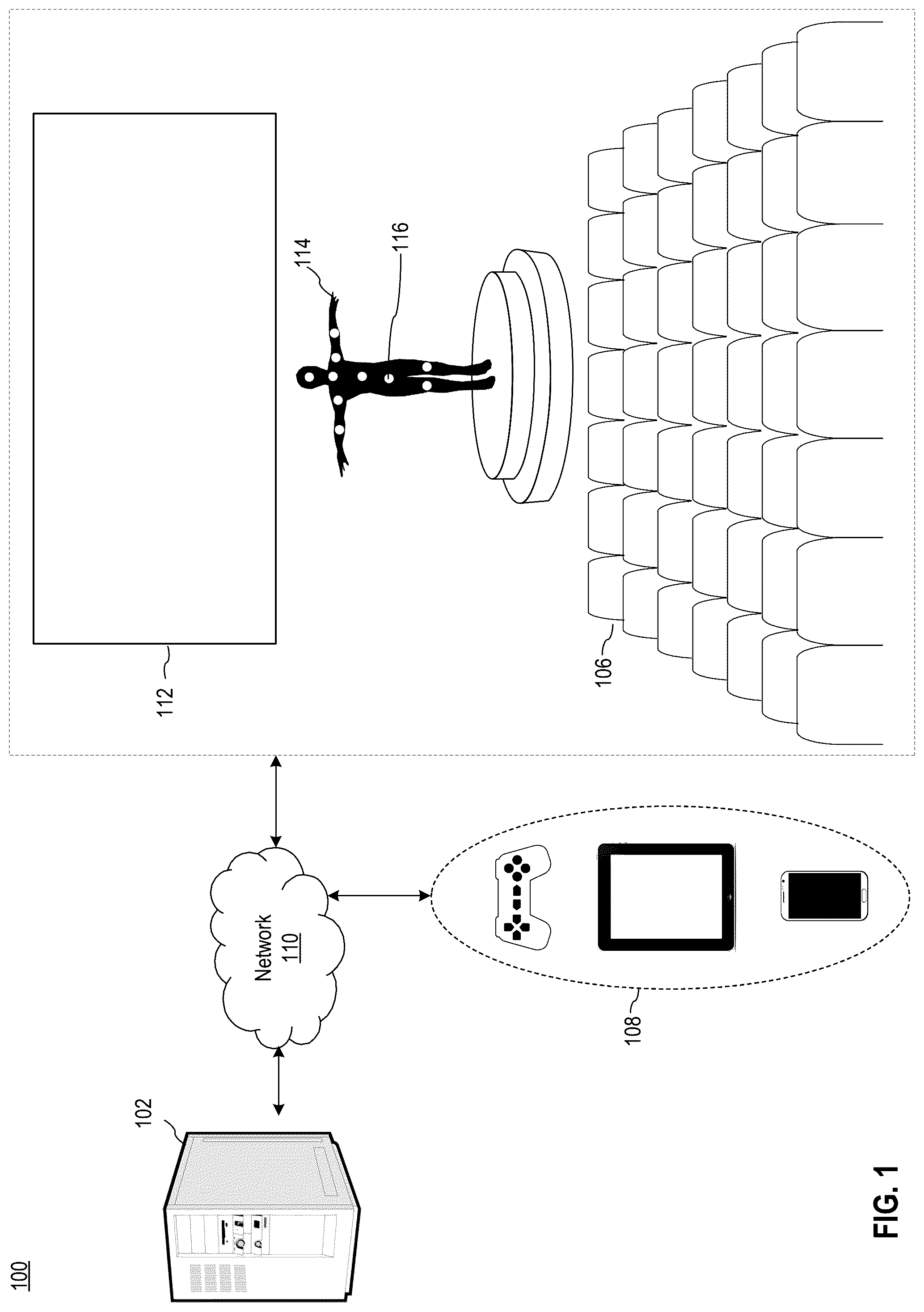 Patent US12322022 — Live venue performance sensor capture and visualization over game network — Figure 1