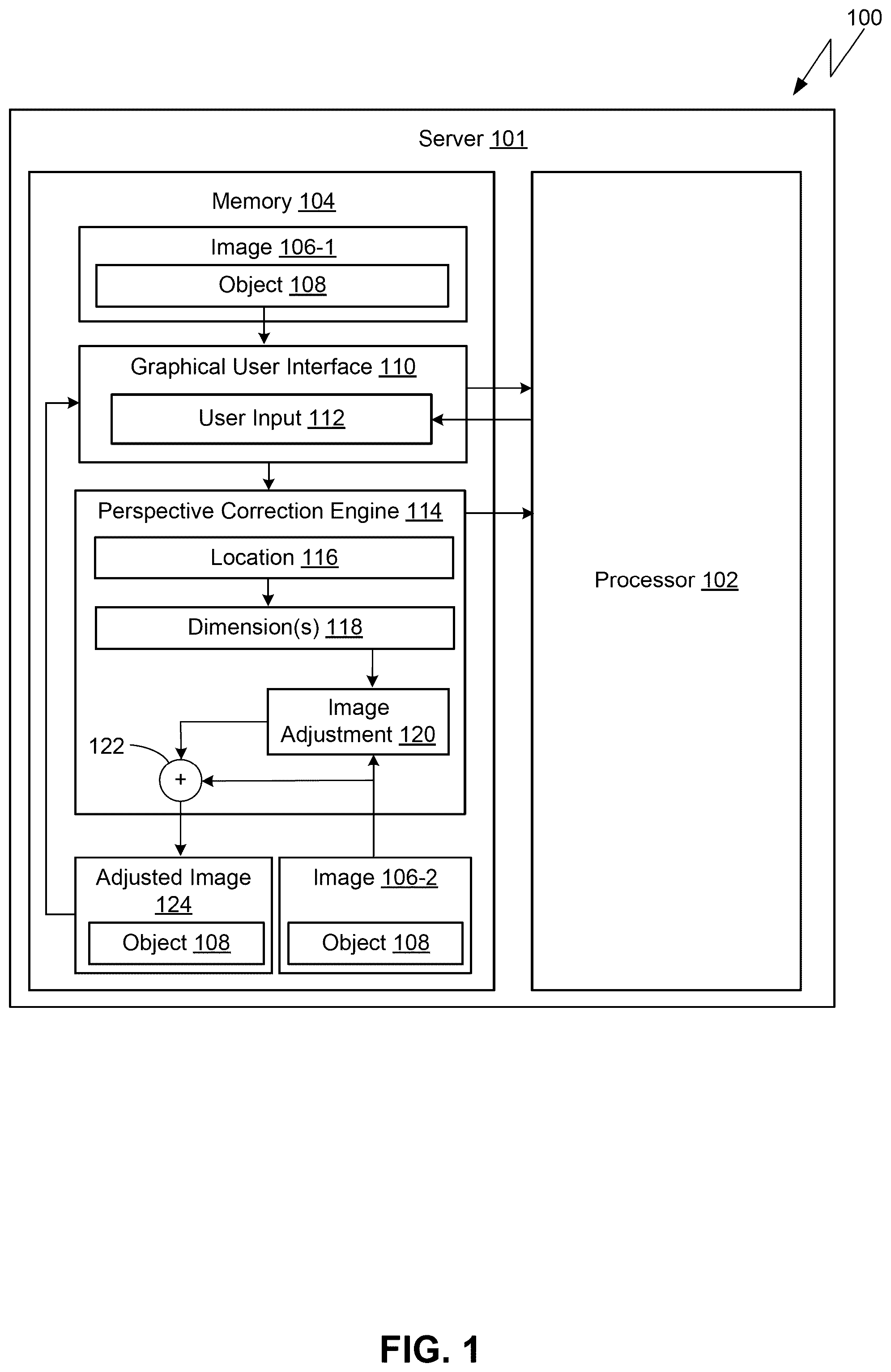 Patent US12322035 Figure 1 – Three-dimensional perspective correction