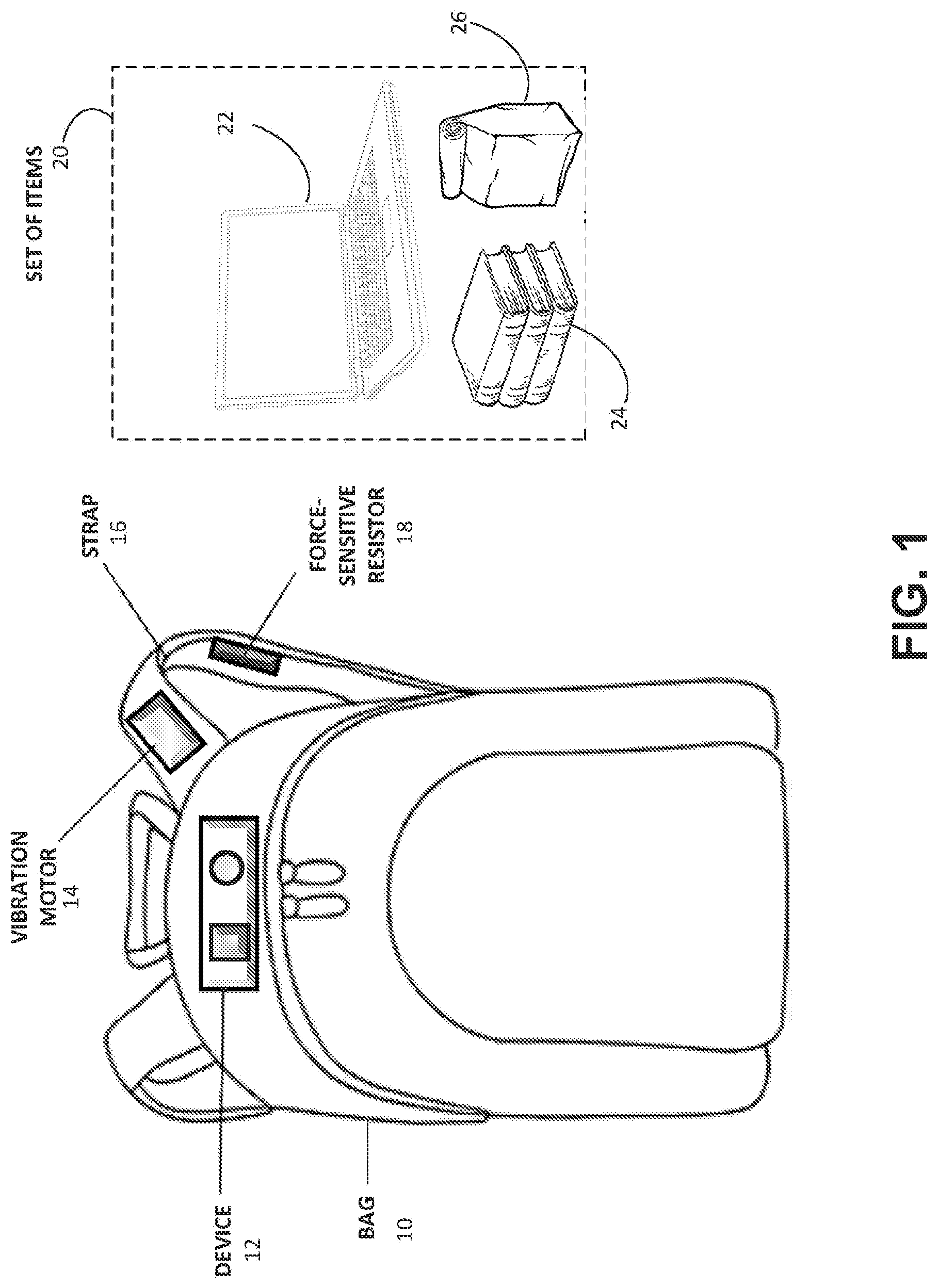 Patent US12322271 Figure 1 – Device for notifying user about missing items from a bag