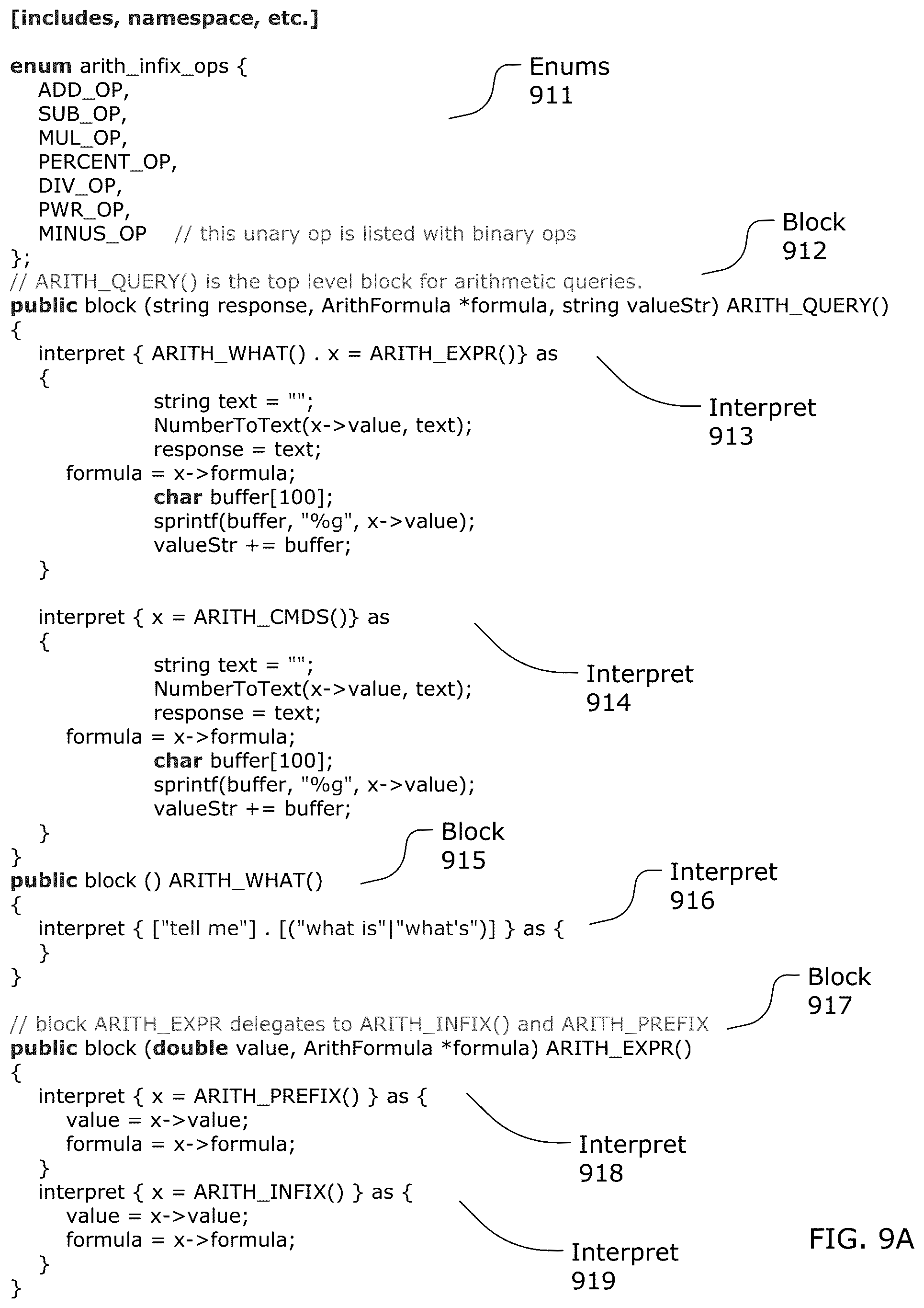 Patent US12322381 Figure 7 – Building a natural language understanding application using a received electronic record containing programming code including an interpret-block, an interpret-statement, a pattern expression and an action statement