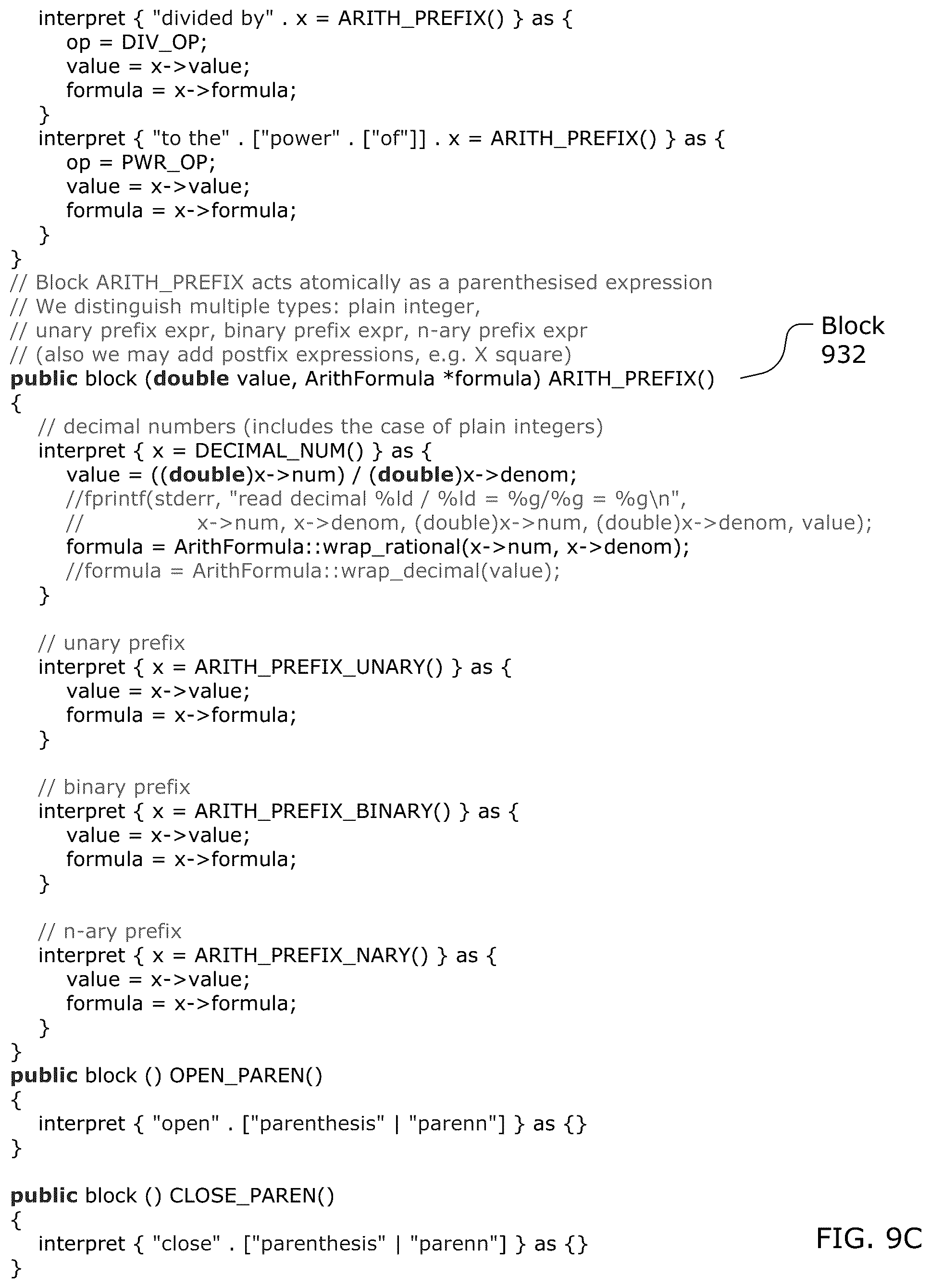 Patent US12322381 Figure 9 – Building a natural language understanding application using a received electronic record containing programming code including an interpret-block, an interpret-statement, a pattern expression and an action statement