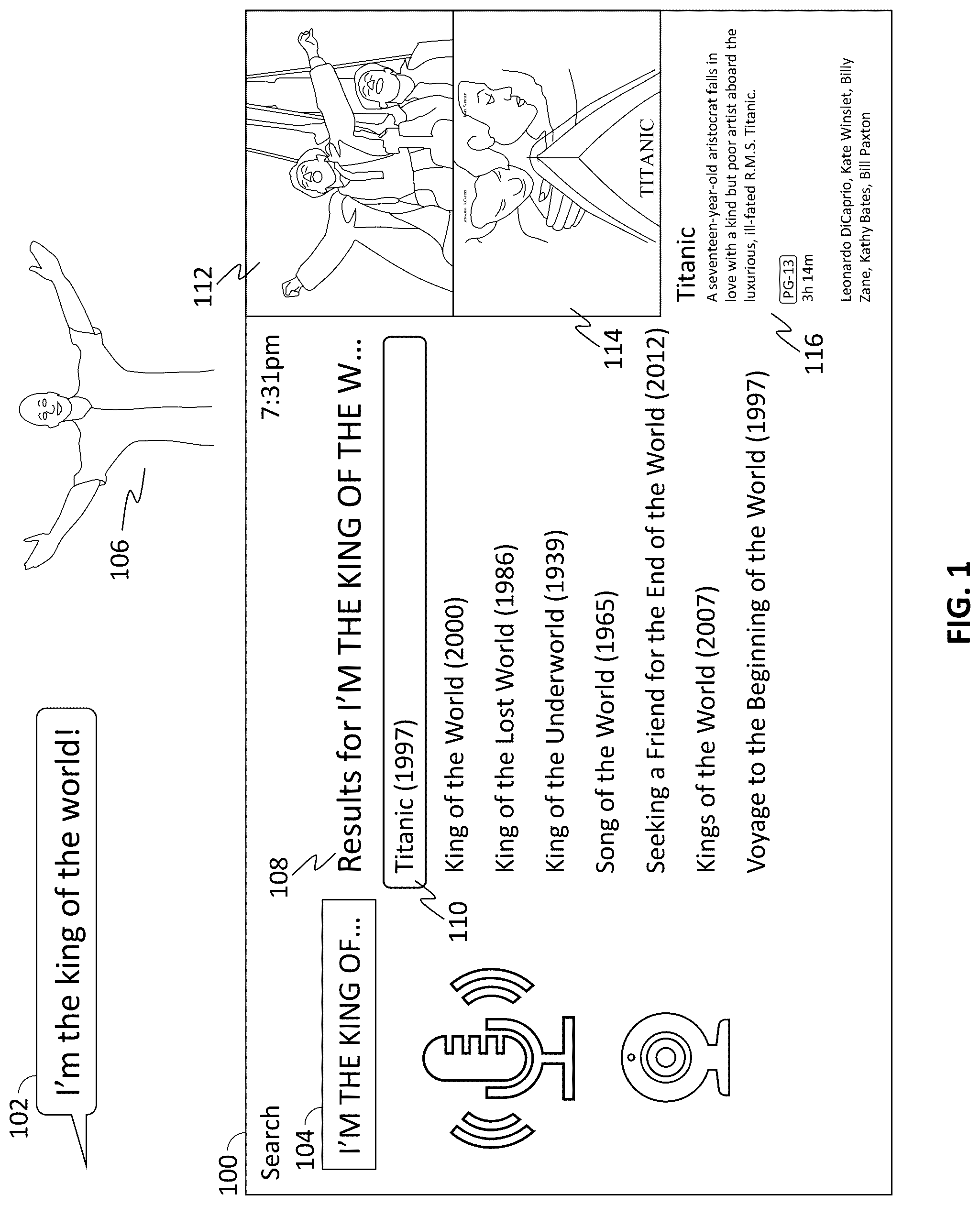 Patent US12322385 — Systems and methods for disambiguating a voice search query based on gestures — Figure 1