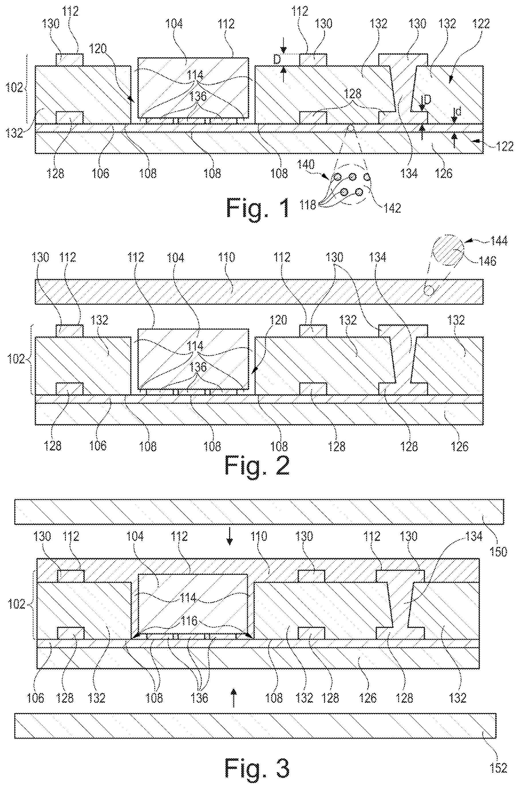 Patent US12322622 — Component carrier with gap around component core and filled with first material in bottom portion and with second material in top portion — Figure 1