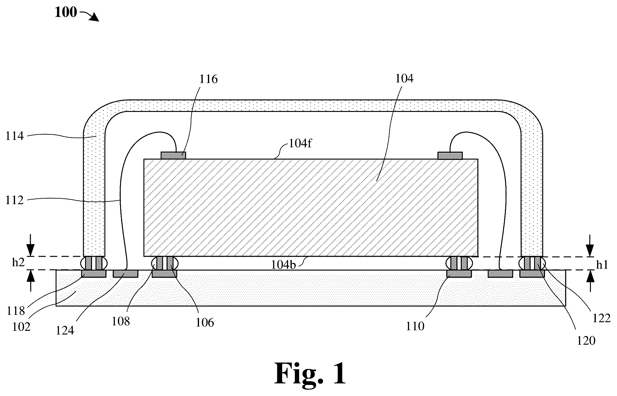 Patent US12322722 — Die attached leveling control by metal stopper bumps — Figure 1