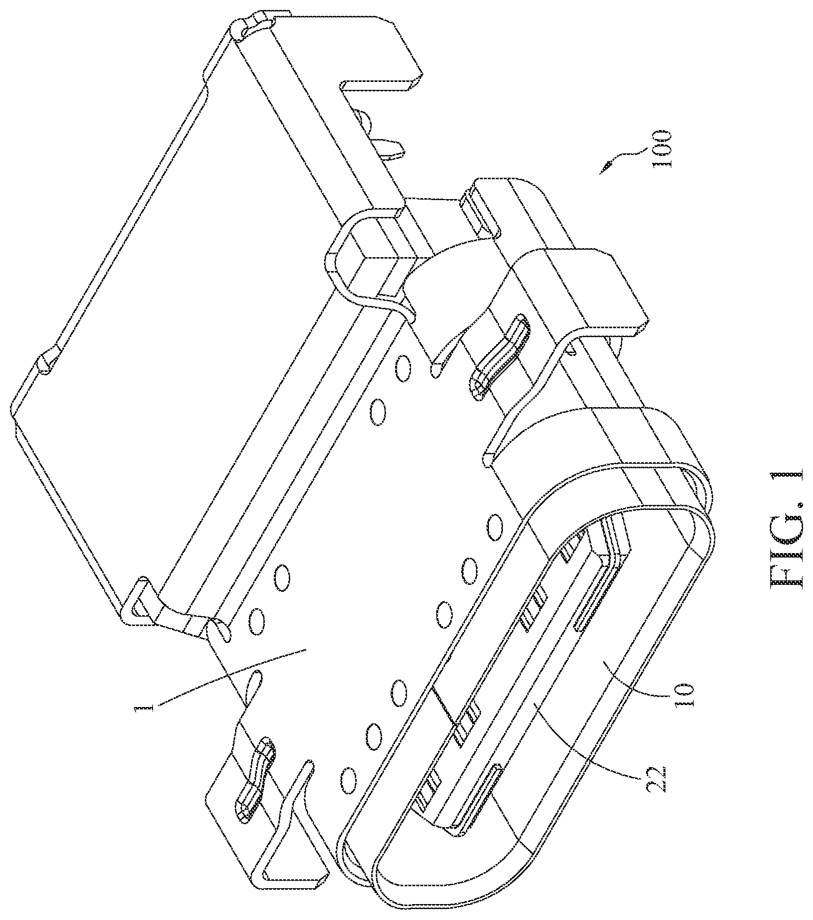 Patent US12322907 Figure 1 – Electrical receptacle connector with metallic plate