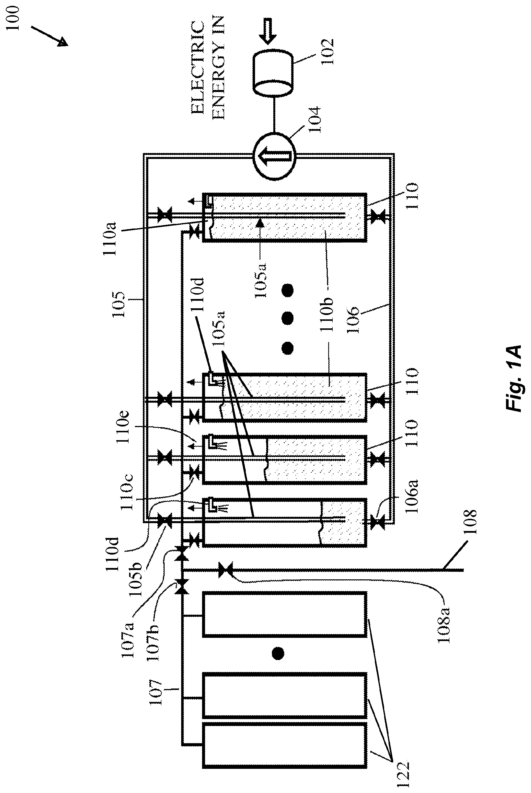 Patent US12322966 — System and method for storing energy, and for recovering stored energy by using liquid and gas as pistons — Figure 1