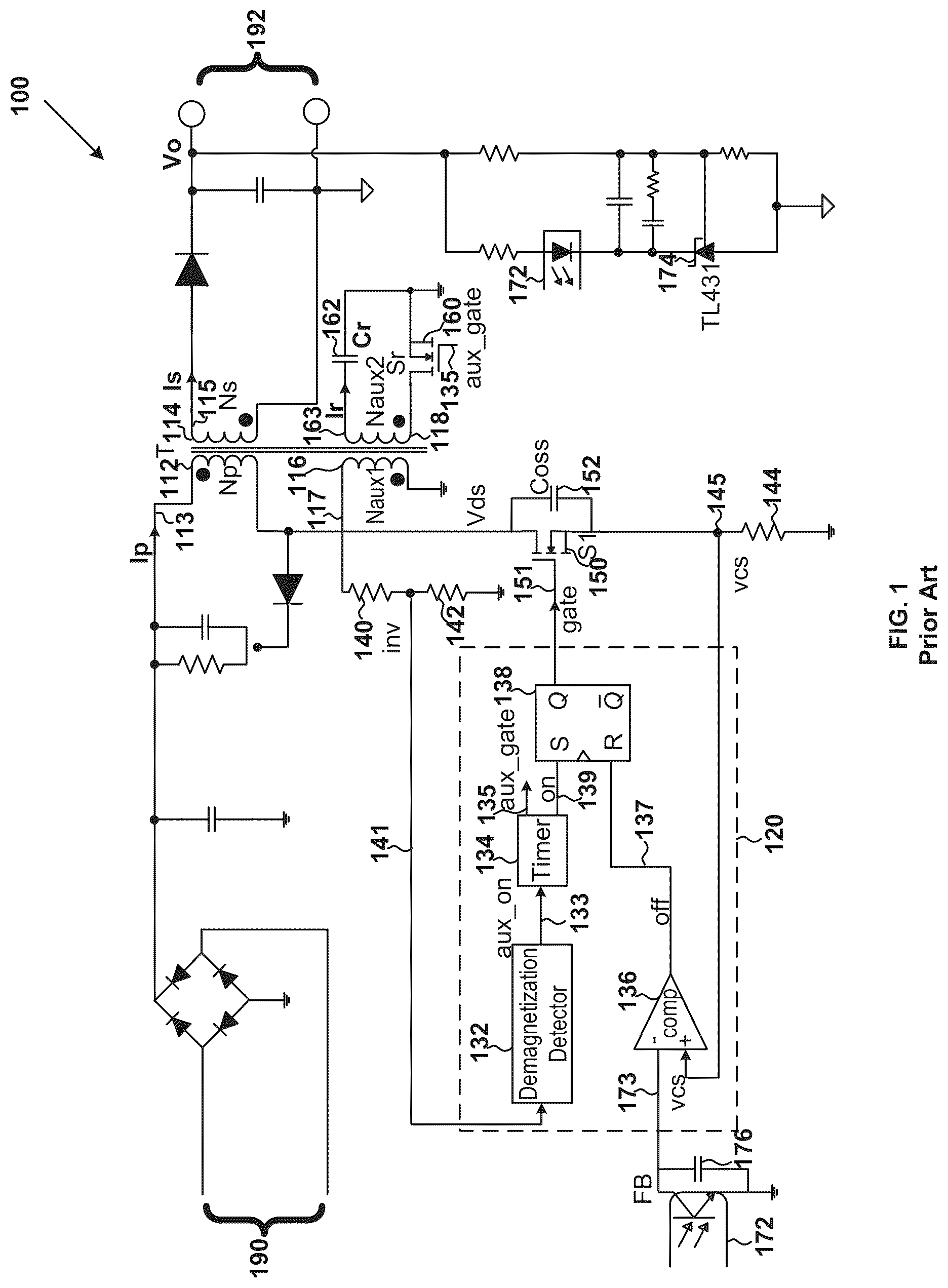 Patent US12323067 — Control systems and methods for turning off transistors associated with auxiliary windings and turning on transistors associated with primary windings — Figure 1