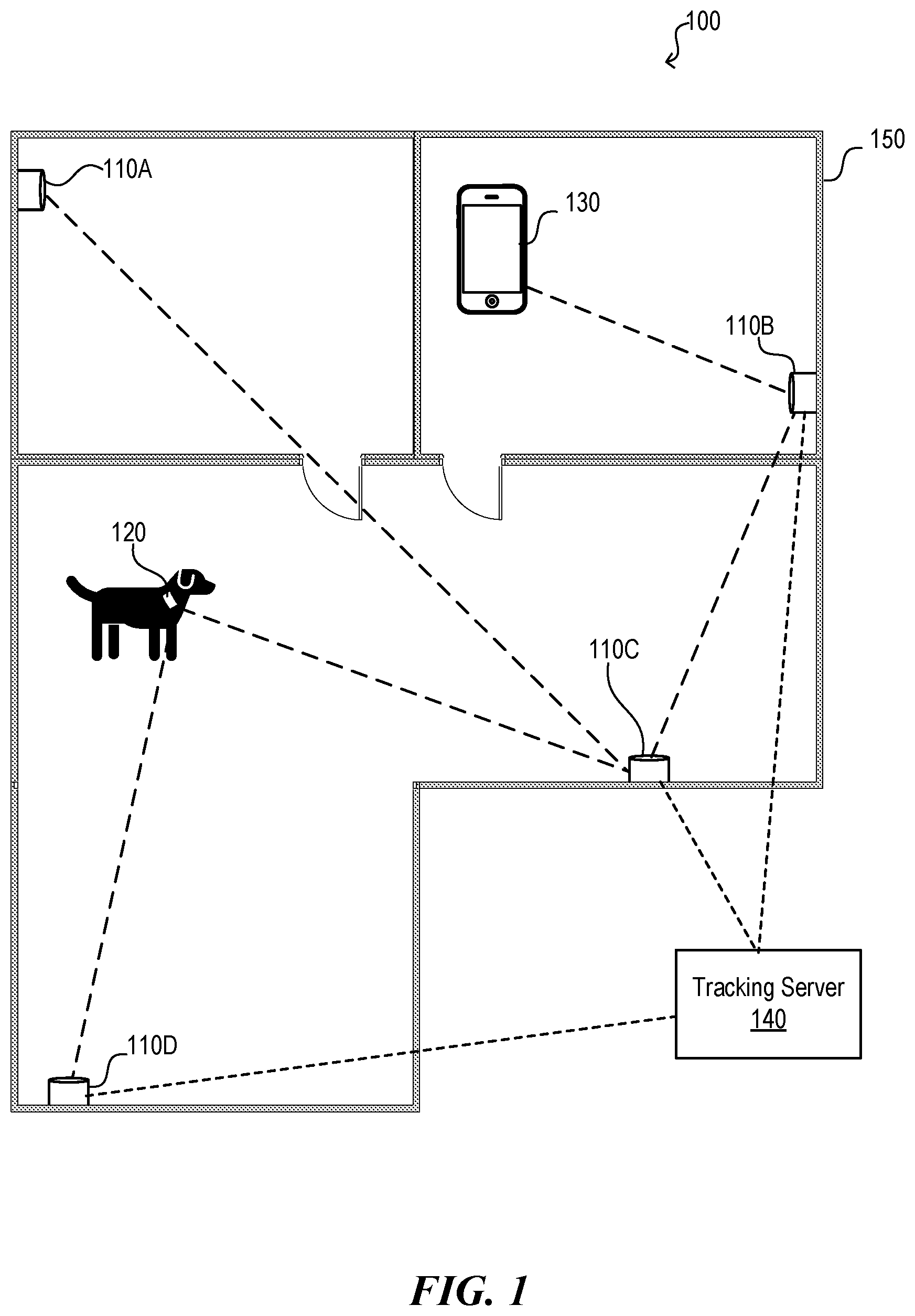 Patent US12323883 — Self-mapping listeners for location tracking in wireless personal area networks — Figure 1