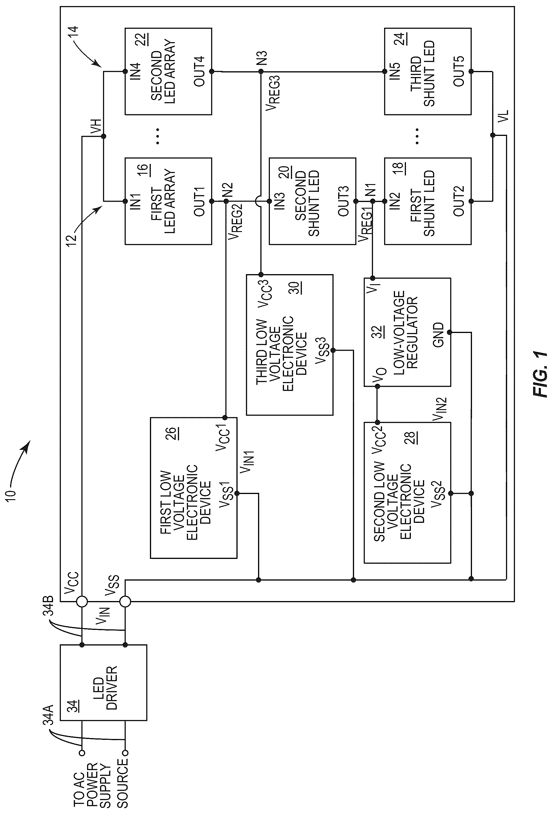 Patent US12324068 — Light-emitting diodes as shunt regulator to power low-voltage circuits — Figure 1