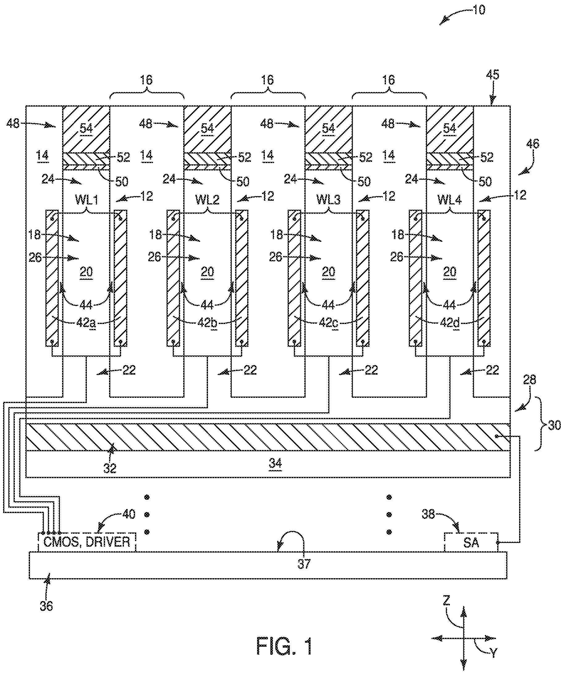 Patent US12324143 — Methods of utilizing etch-stop material during fabrication of capacitors, integrated assemblies comprising capacitors — Figure 1