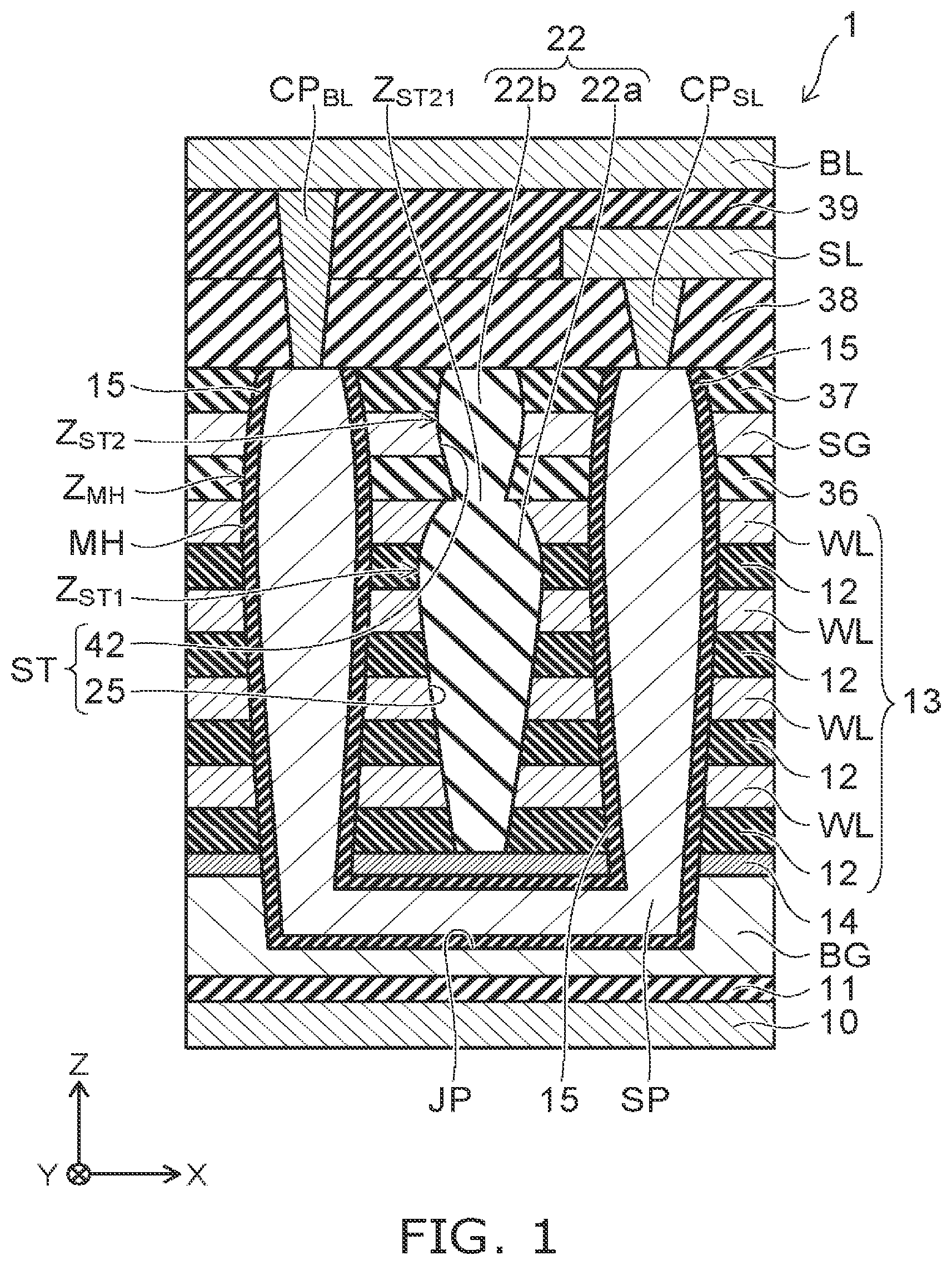 Patent US12324153 — Stacked type semiconductor memory device with varying widths in the insulating member and pillars — Figure 1