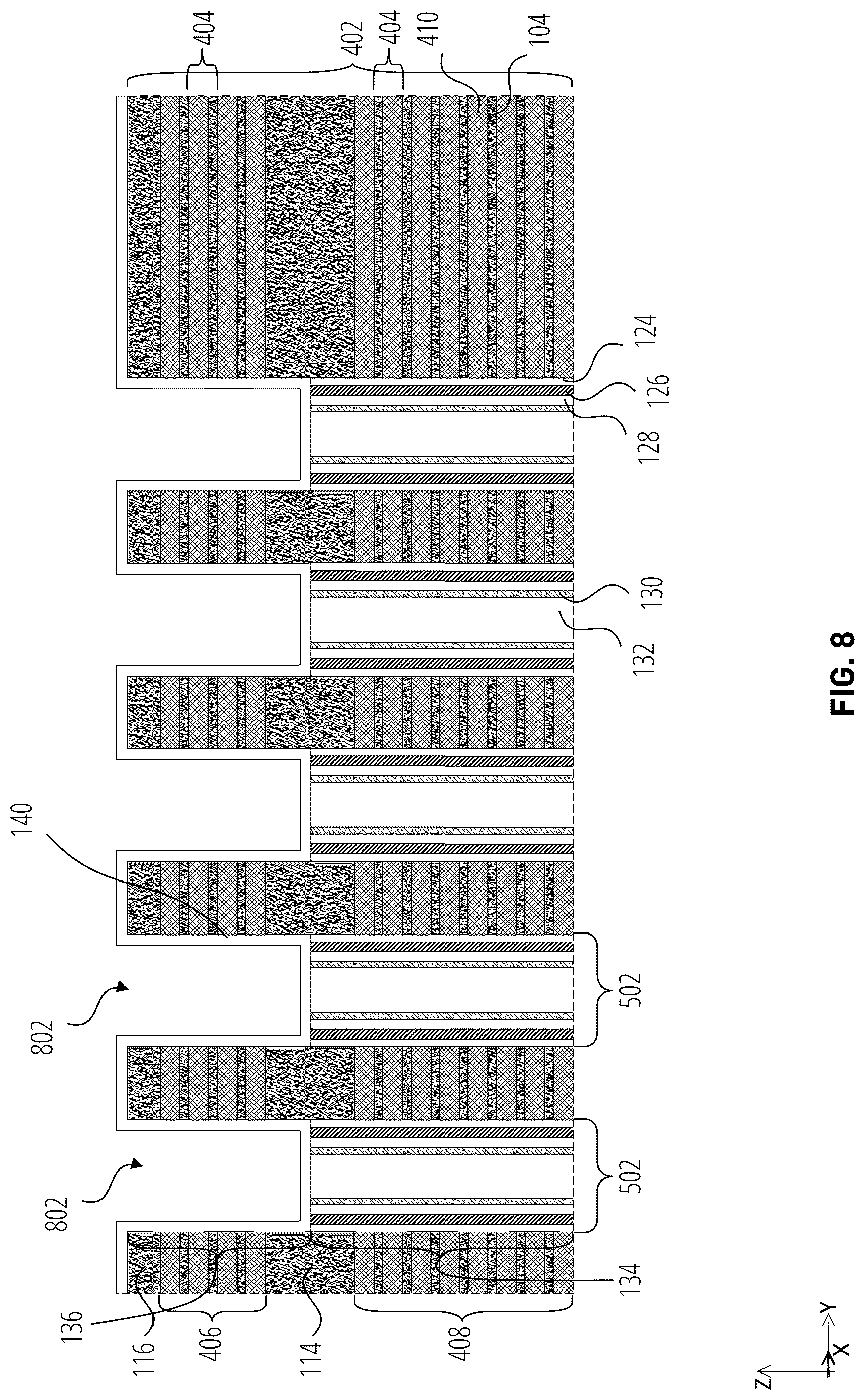 Patent US12324154 Figure 8 – Microelectronic devices including pillars with partially-circular upper portions and circular lower portions, and related methods