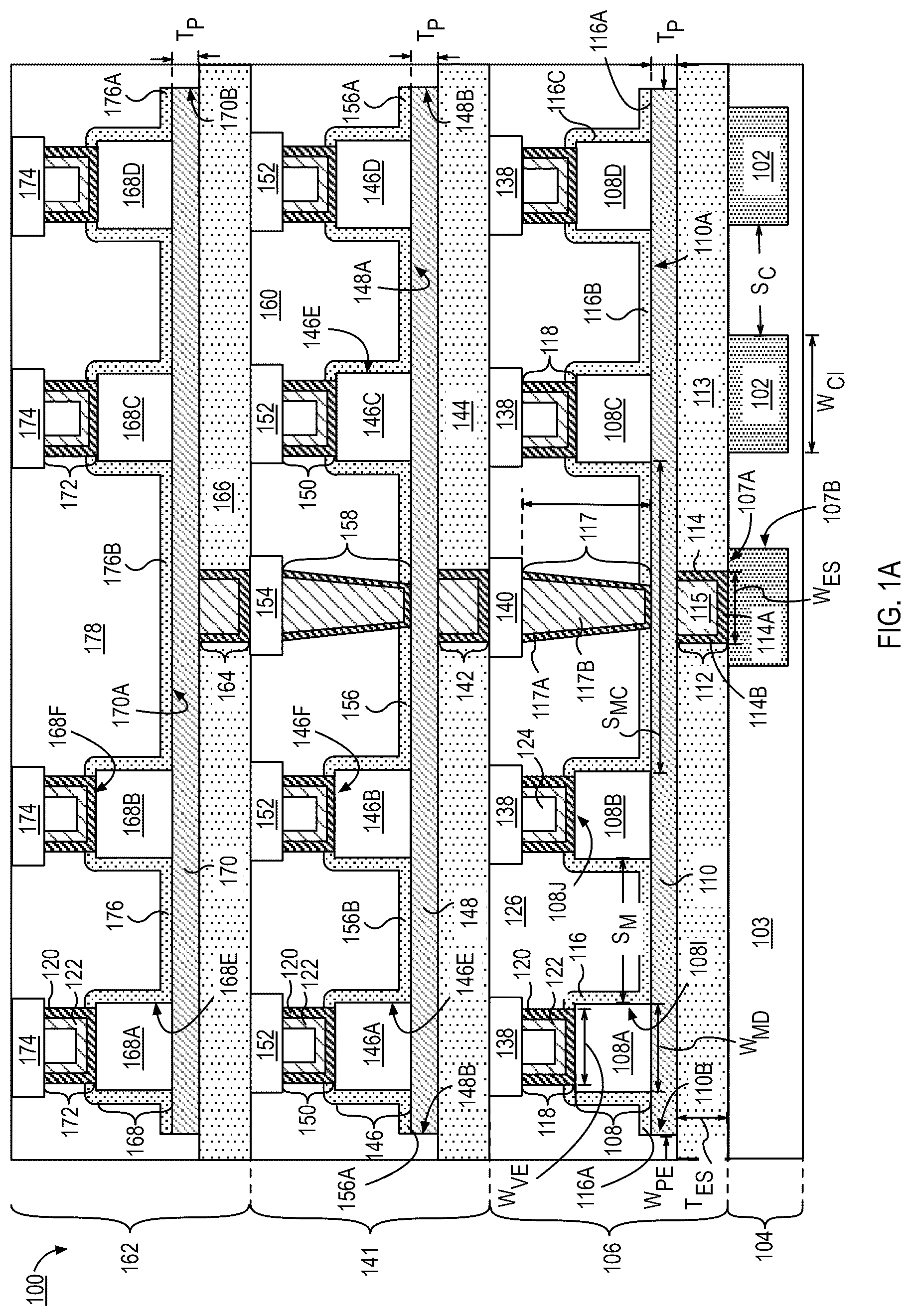 Patent US12324162 — Stacked capacitors with shared electrodes and methods of fabrication — Figure 1