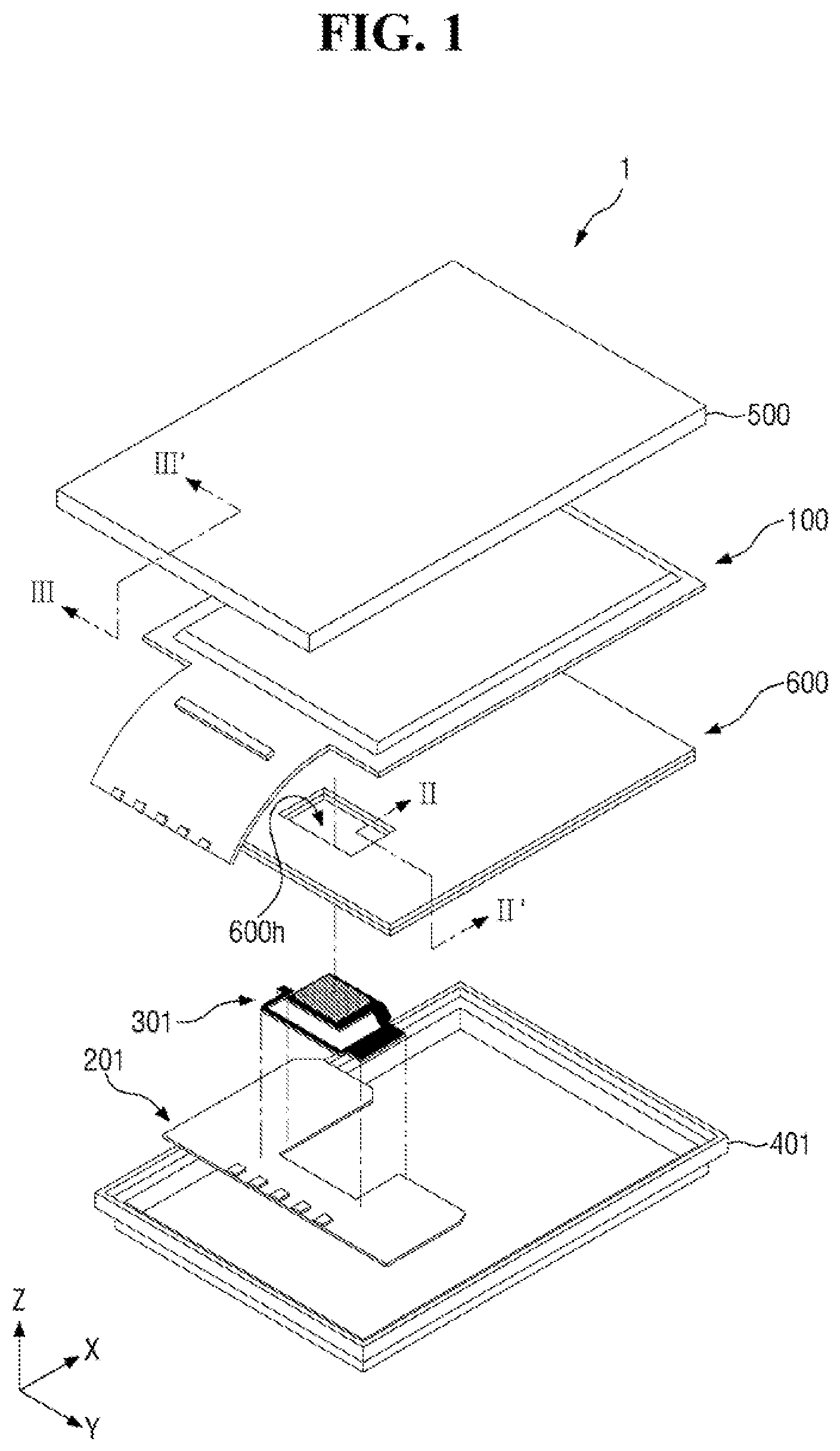 Patent US12324342 — Display device acquiring fingerprint pattern and touch pressure information using a single structure — Figure 1