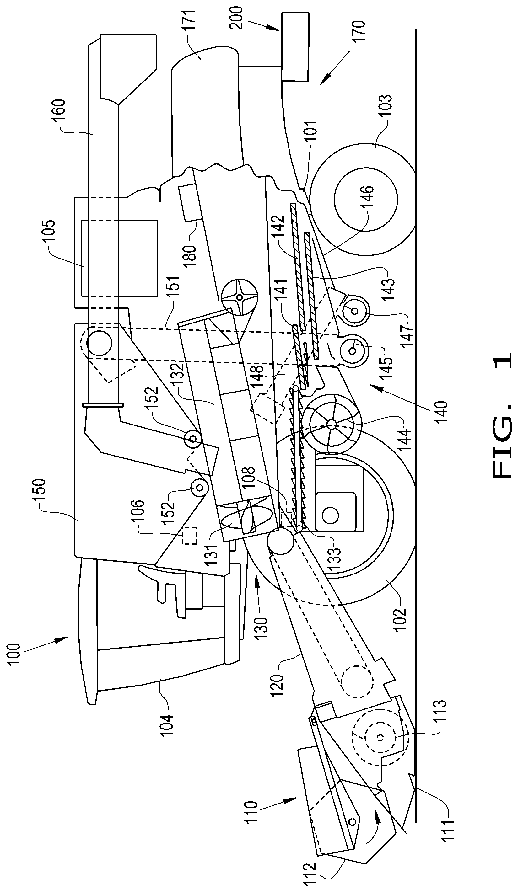 Patent US12324372 — Agricultural harvester with shakeable positive transport conveyor — Figure 1