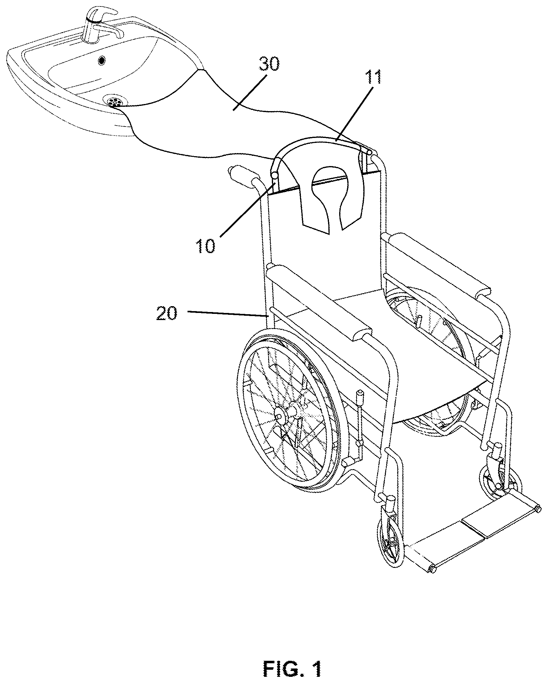 Patent US12324502 — Wheelchair-adaptable support brace and inflatable shampoo cape for hair washing and grooming — Figure 1