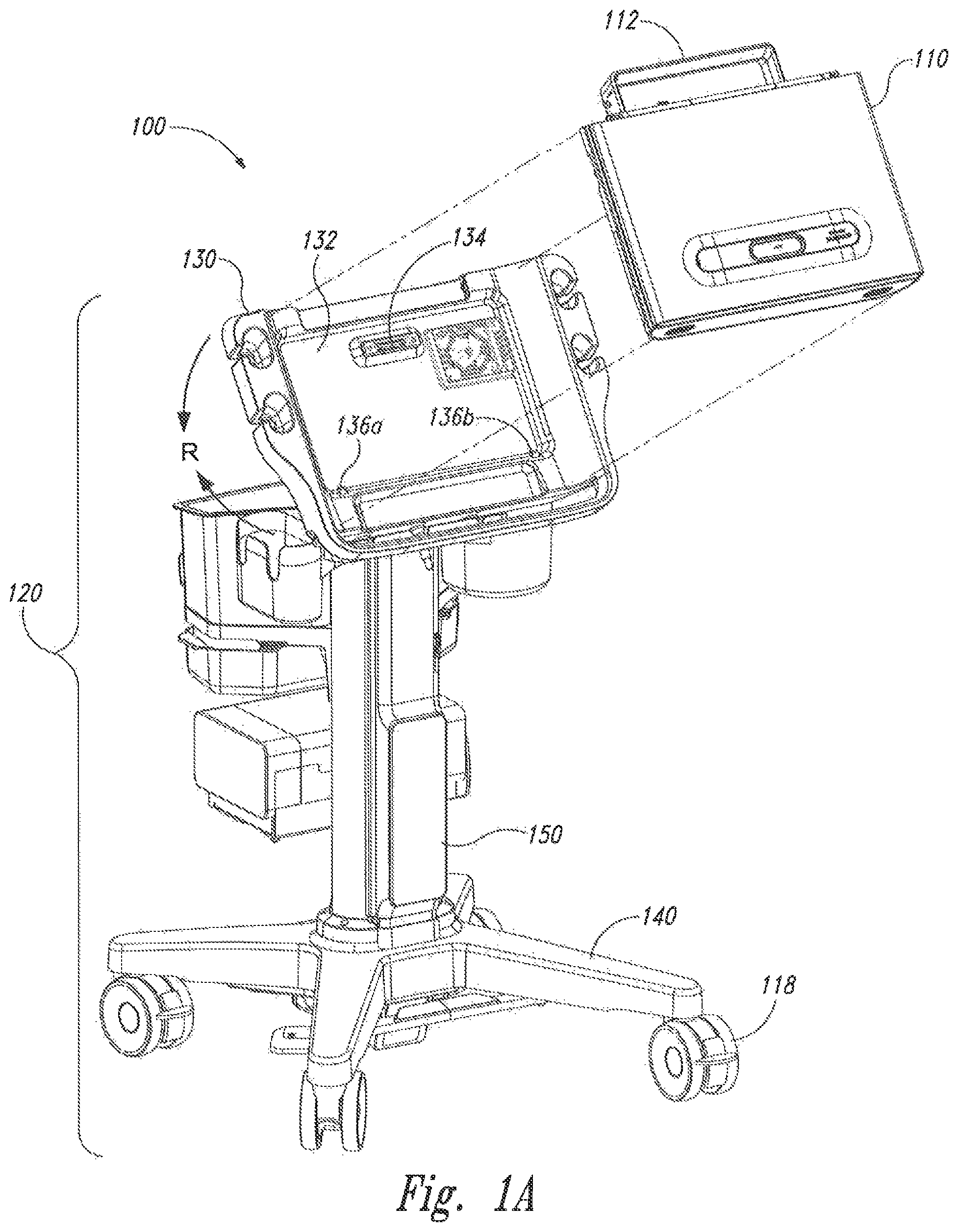 Patent US12324705 Figure 1 – Handle system for transport, dock retention and desktop positioning of a portable medical device