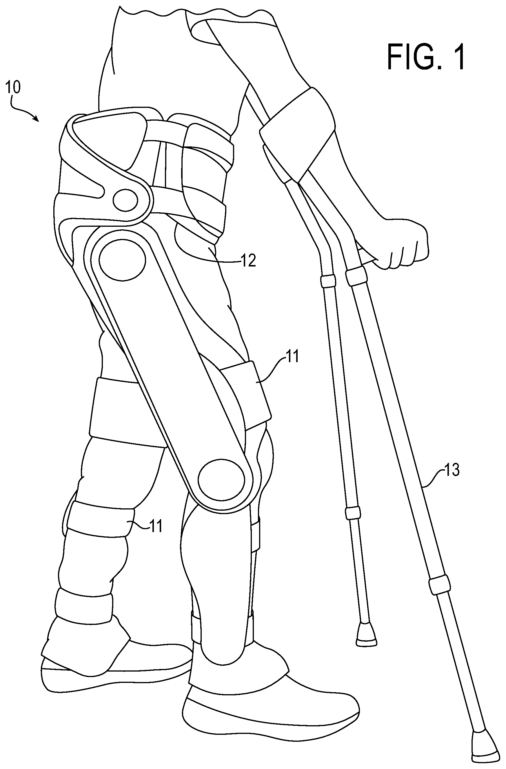 Patent US12324914 Figure 1 – Structural integration and enhanced control of functional electrical stimulation in an exoskeleton device