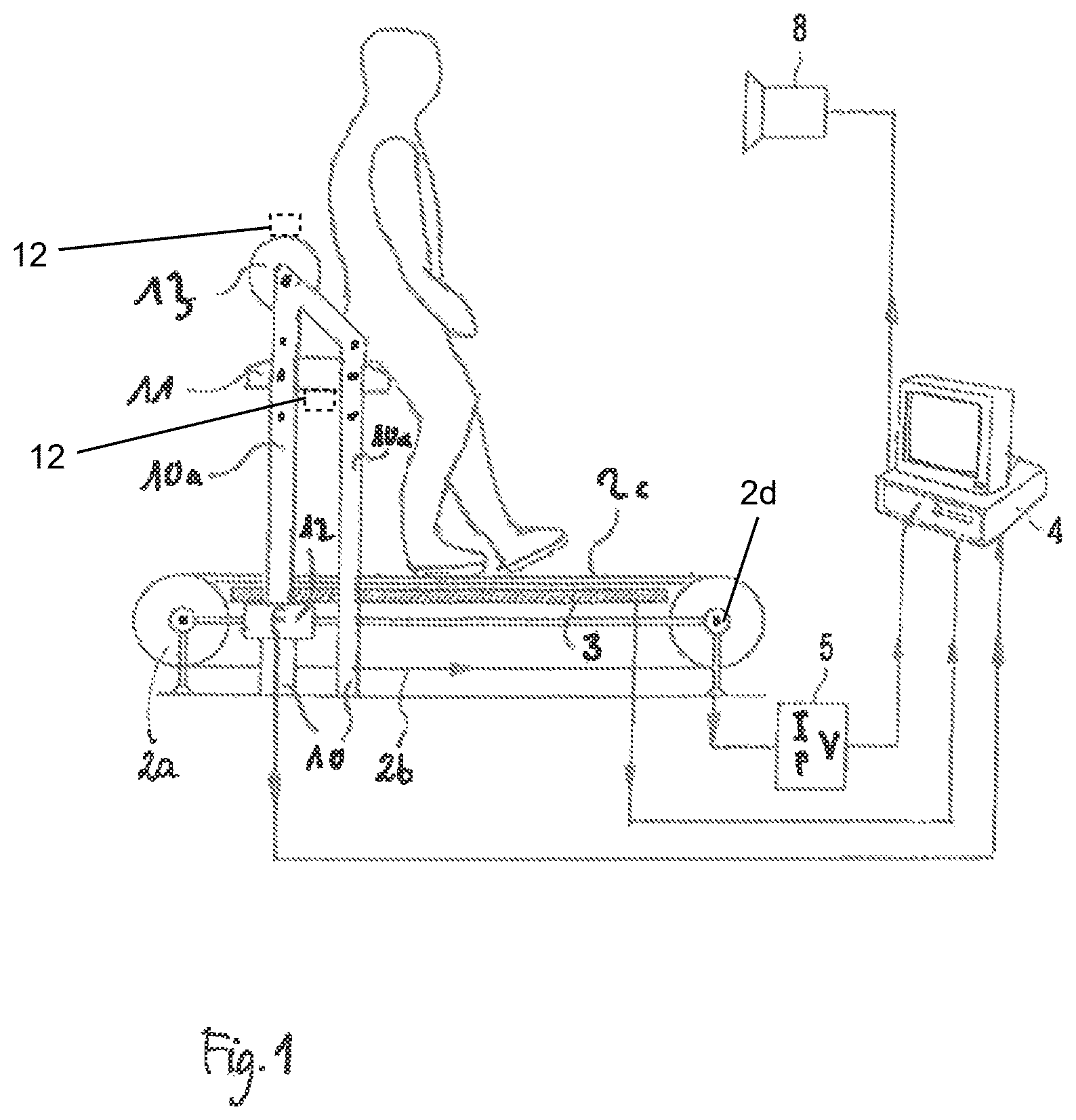 Patent US12324953 — Treadmill arrangement with motion-adaptive virtual running environment — Figure 1