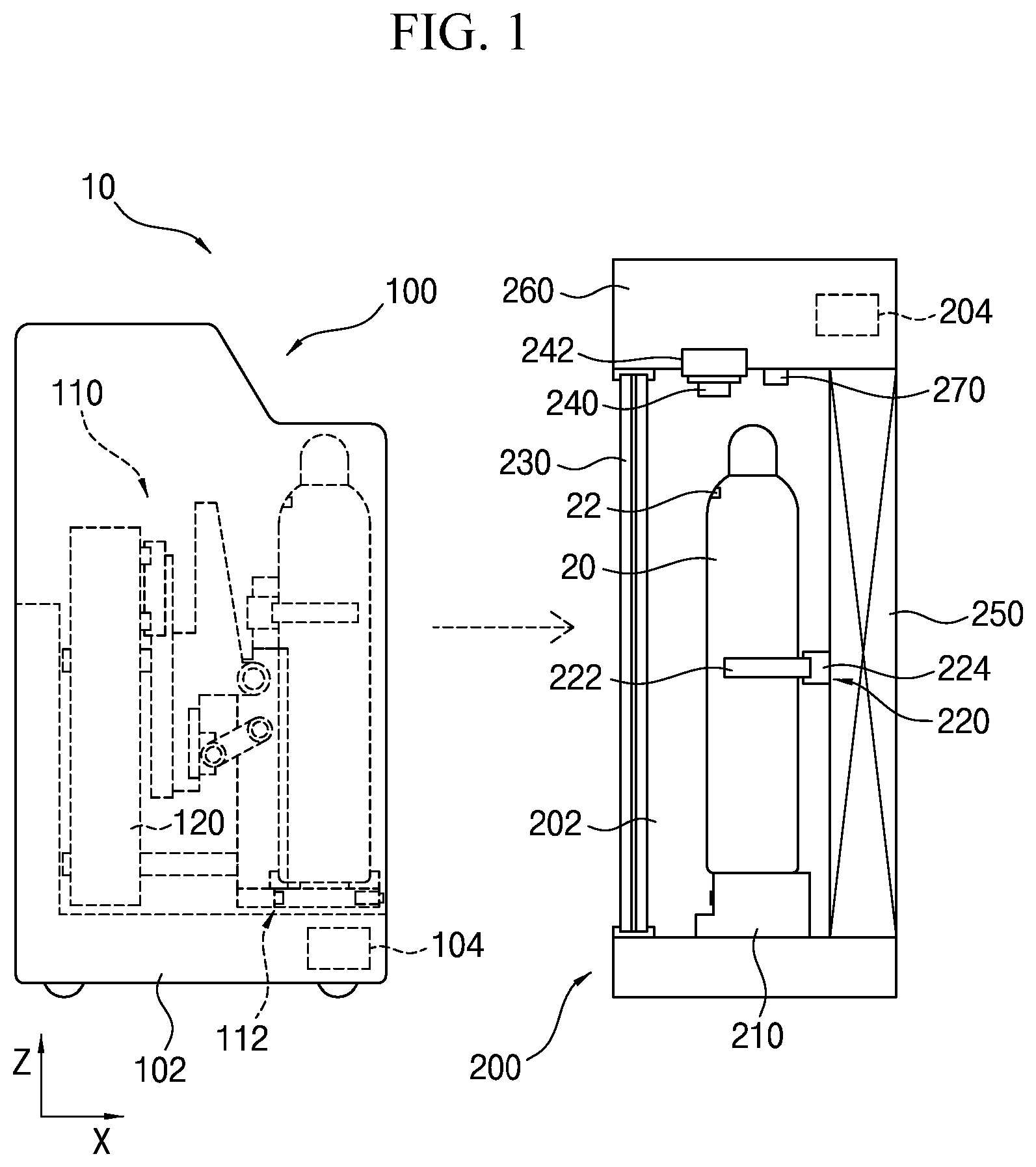 Patent US12325120 — Gas cylinder transfer apparatus and gas cylinder logistics system including the same — Figure 1