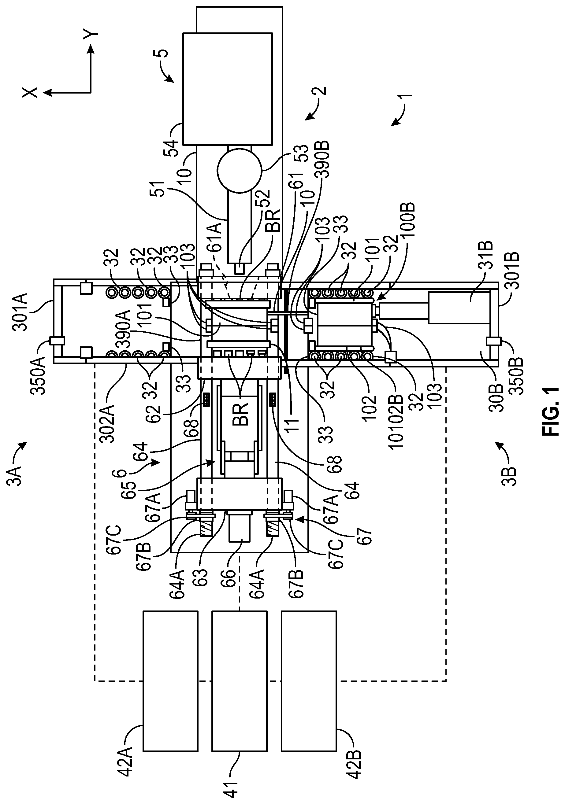 Patent US12325162 — Injection molding system with conveyor devices to insert or eject molds — Figure 1
