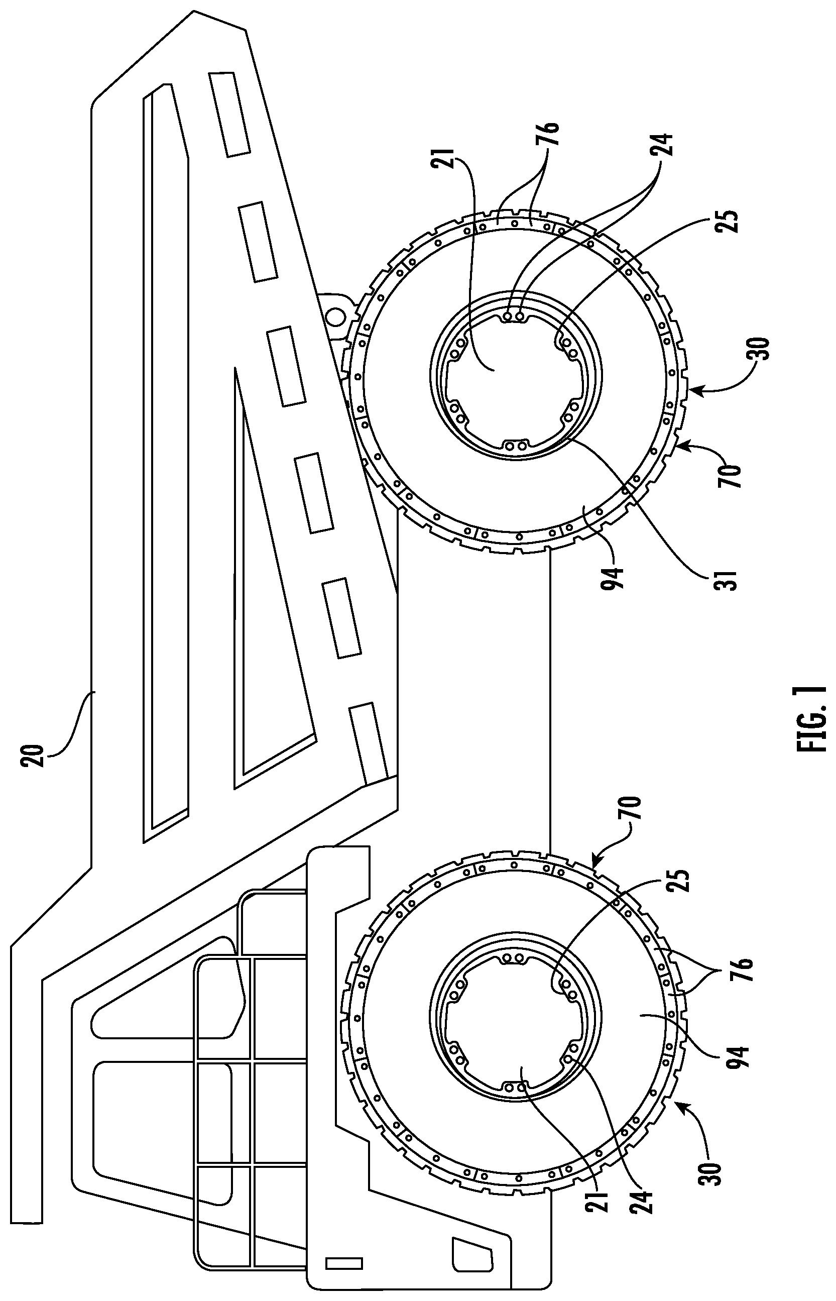 Patent US12325264 — Wheel assembly including inboard side outer rim coupled ring defining a mechanical stop and related methods — Figure 1