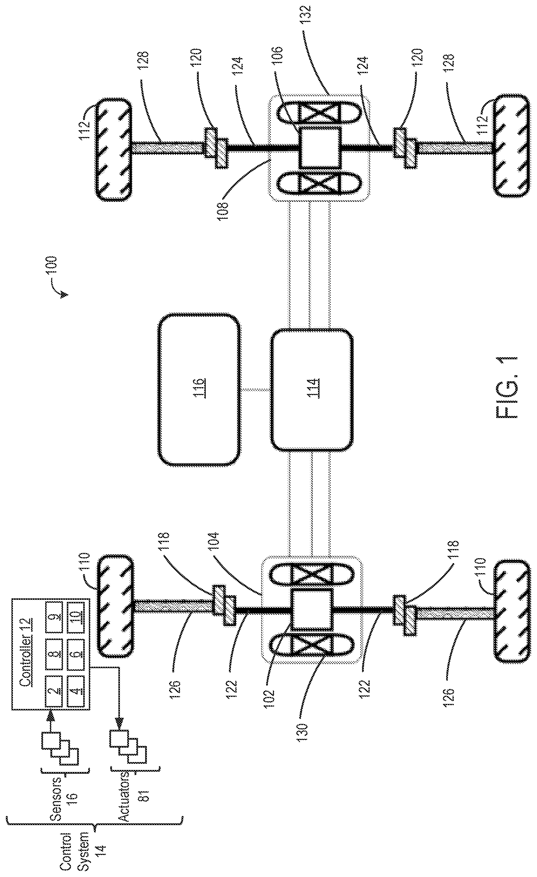 Patent US12325310 — Clunk and shuffle management in multi-motor, multi-axle electrified drivetrains — Figure 1
