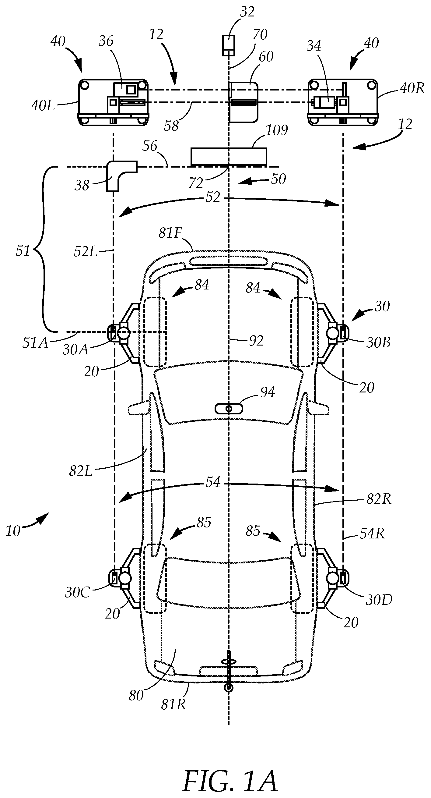 Patent US12325385 Figure 1 – Vehicle sensor calibration target alignment system