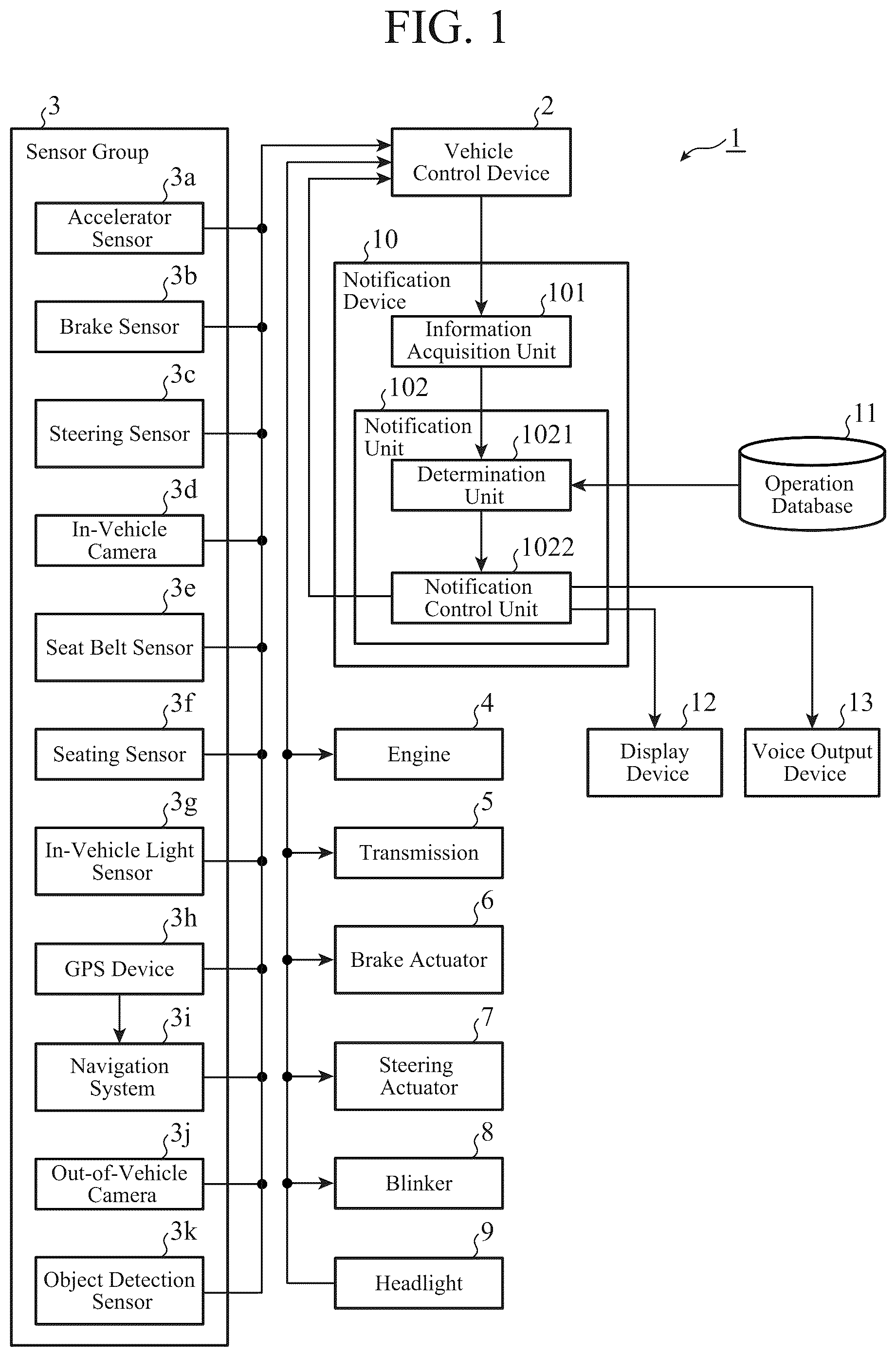Patent US12325454 — Notification device and notification method — Figure 1