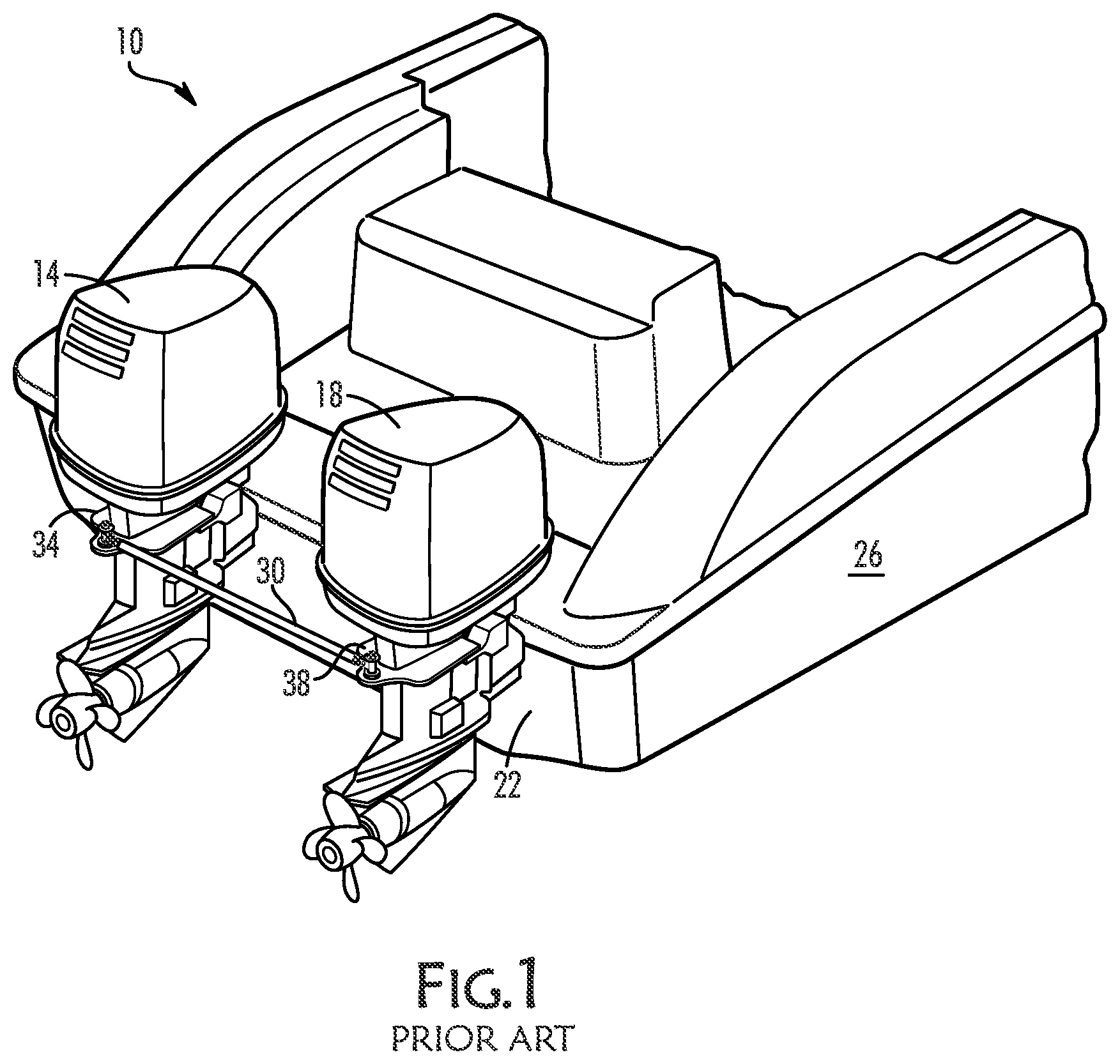 Patent US12325501 — Adaptive tie bar assembly for secure alignment of multiple marine engines at higher speed — Figure 1