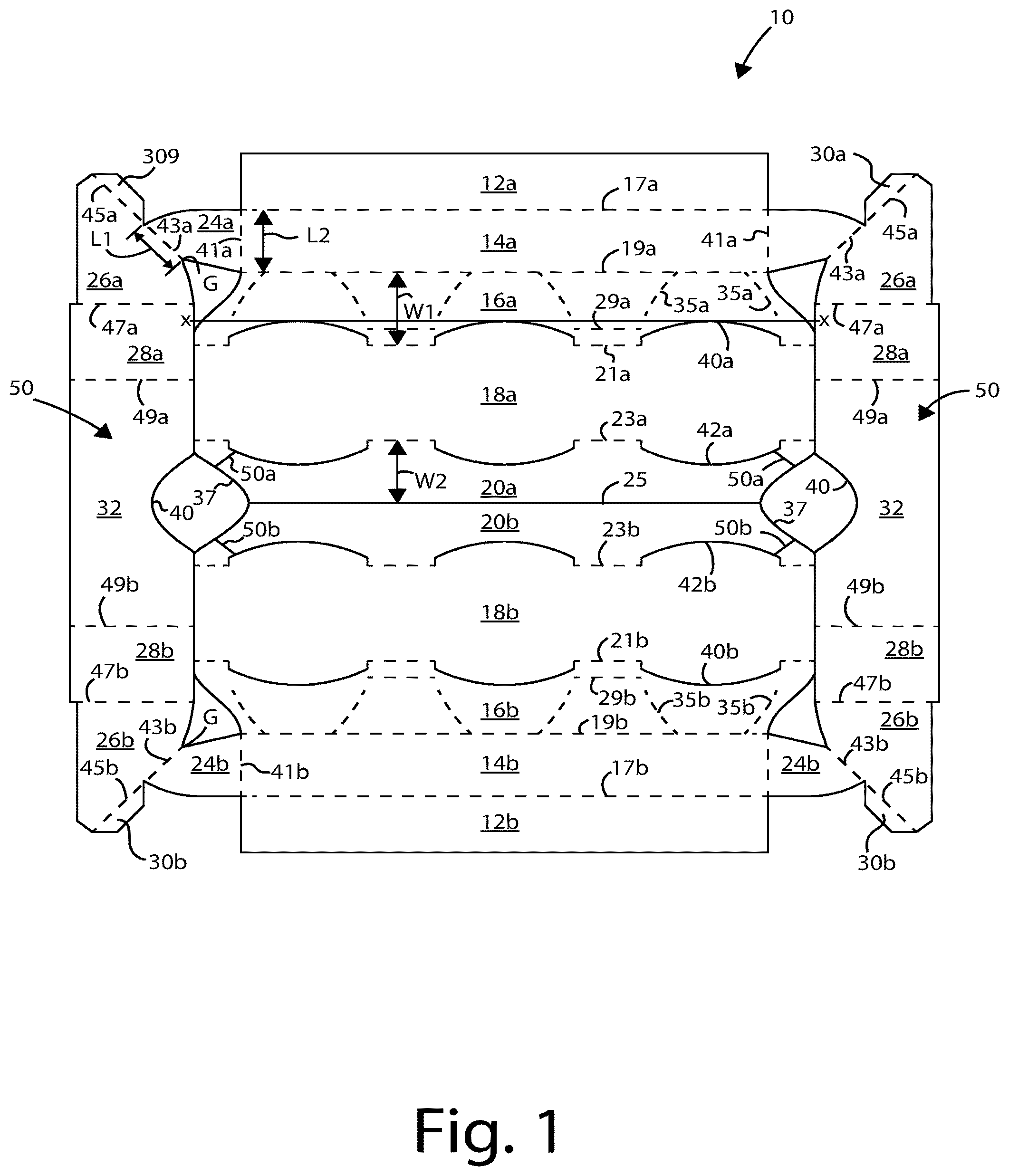 Patent US12325570 Figure 1 – Carton and carton blank