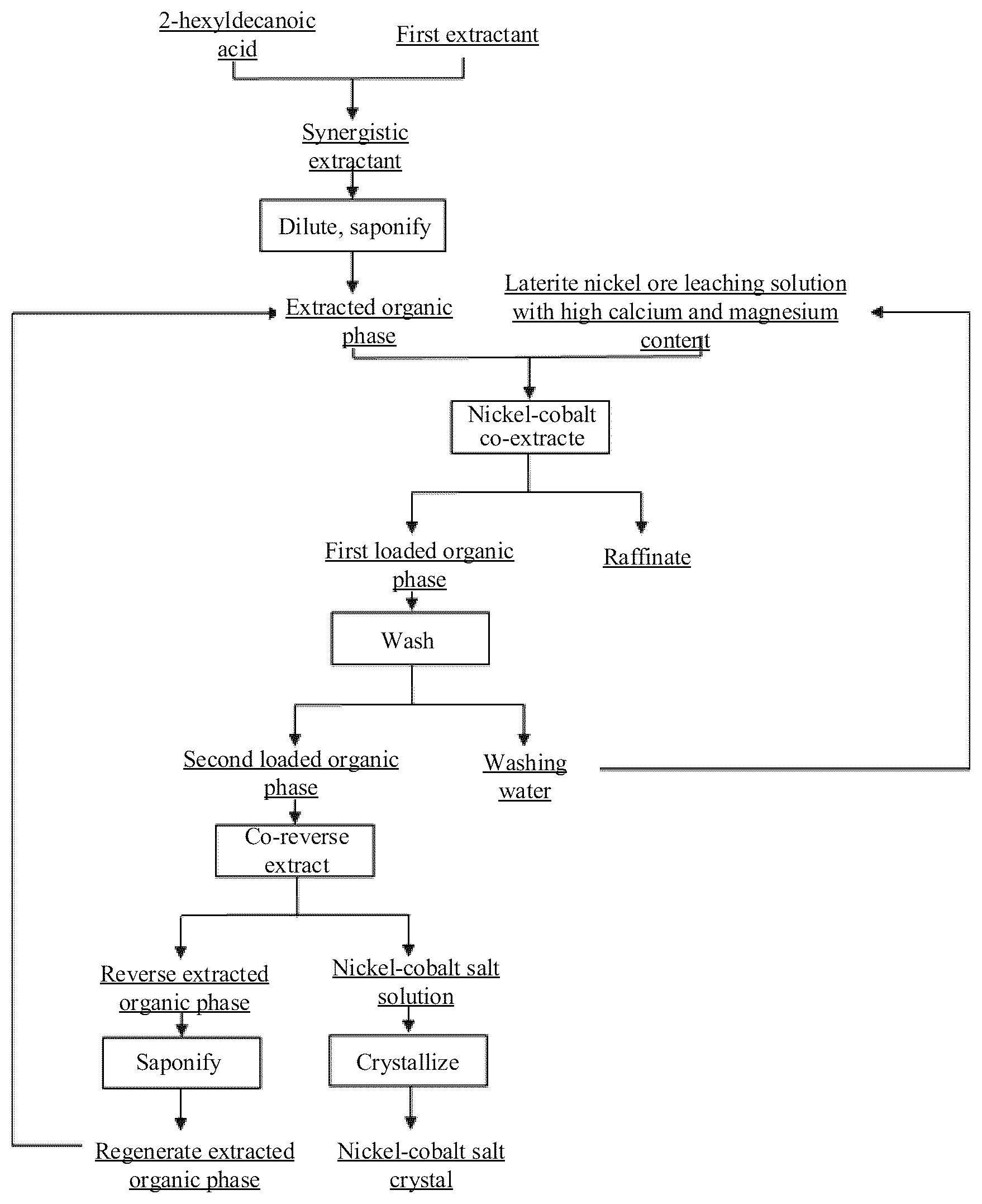 Patent US12325896 — Treatment method and application for laterite nickel ore leaching solution with high calcium and magnesium content — Figure 1