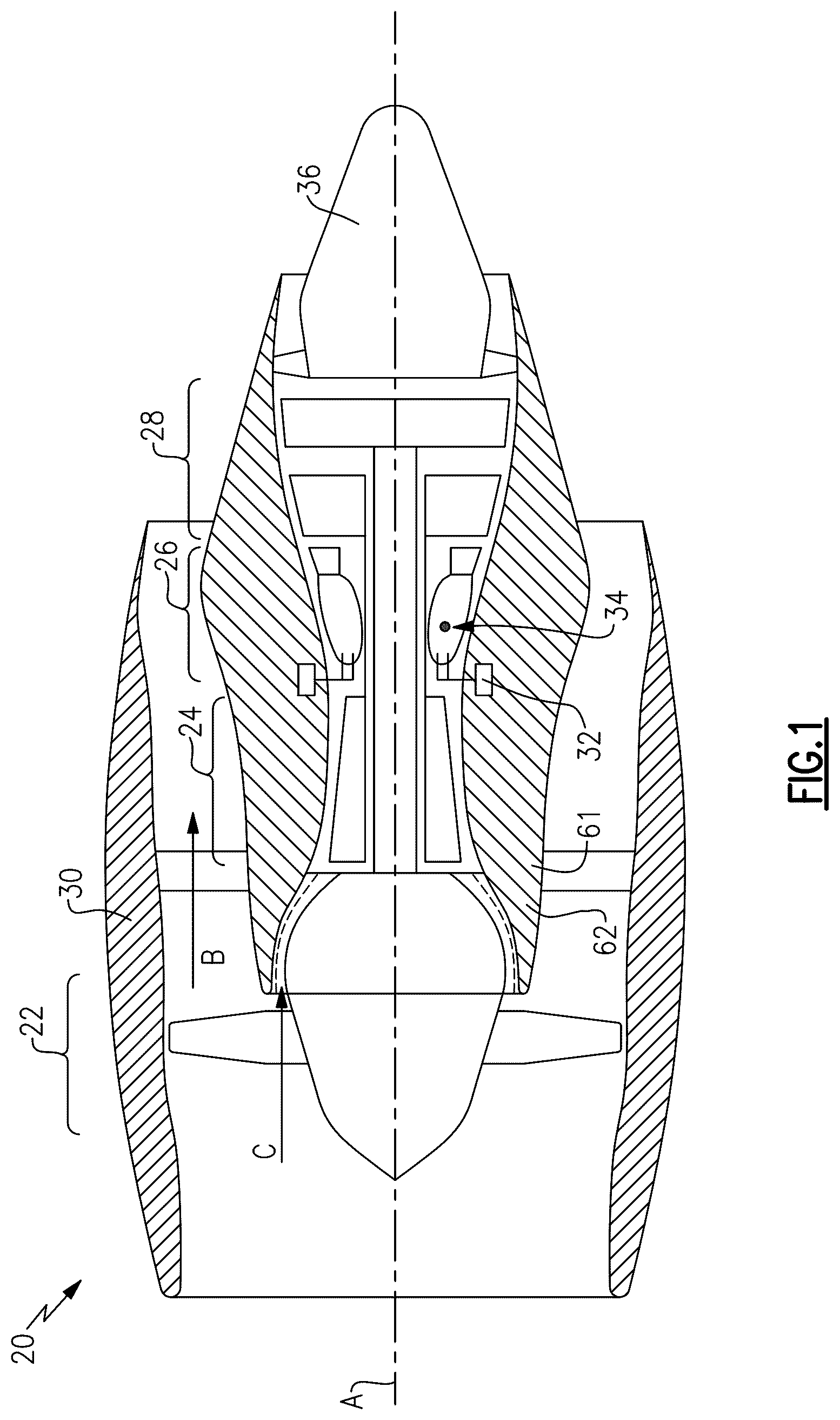 Patent US12326112 — Gas turbine engine bypass louver and baffle rib design — Figure 1