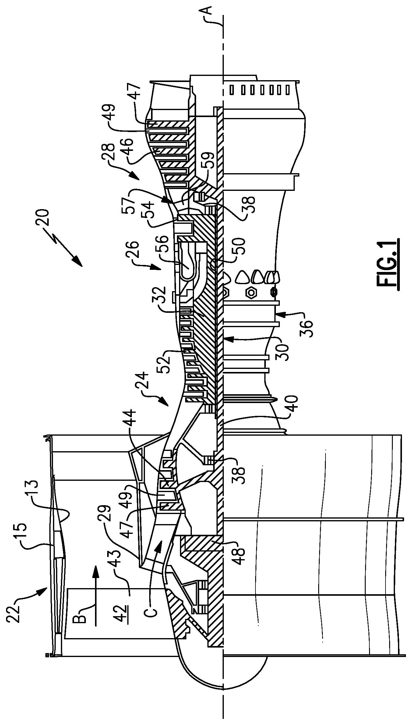 Patent US12326114 — Gas turbine engine with core debris protection — Figure 1