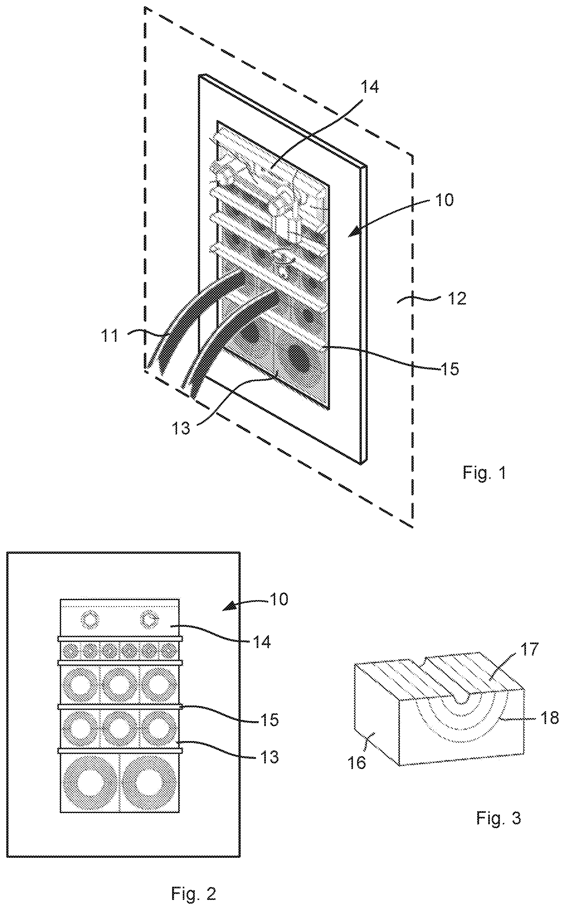 Patent US12326212 Figure 1 – Transit for passing cables and/or pipes through a partition opening and use of such a transit