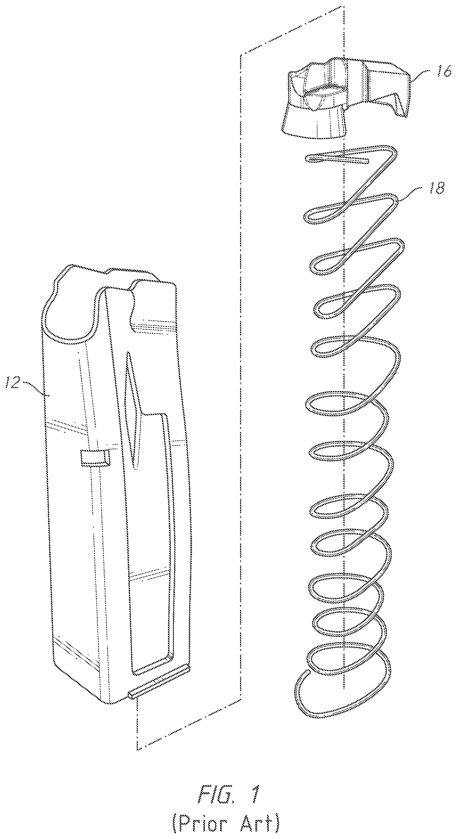 Patent US12326314 Figure 1 – Gun magazine base pad with cantilever spring latch mechanism