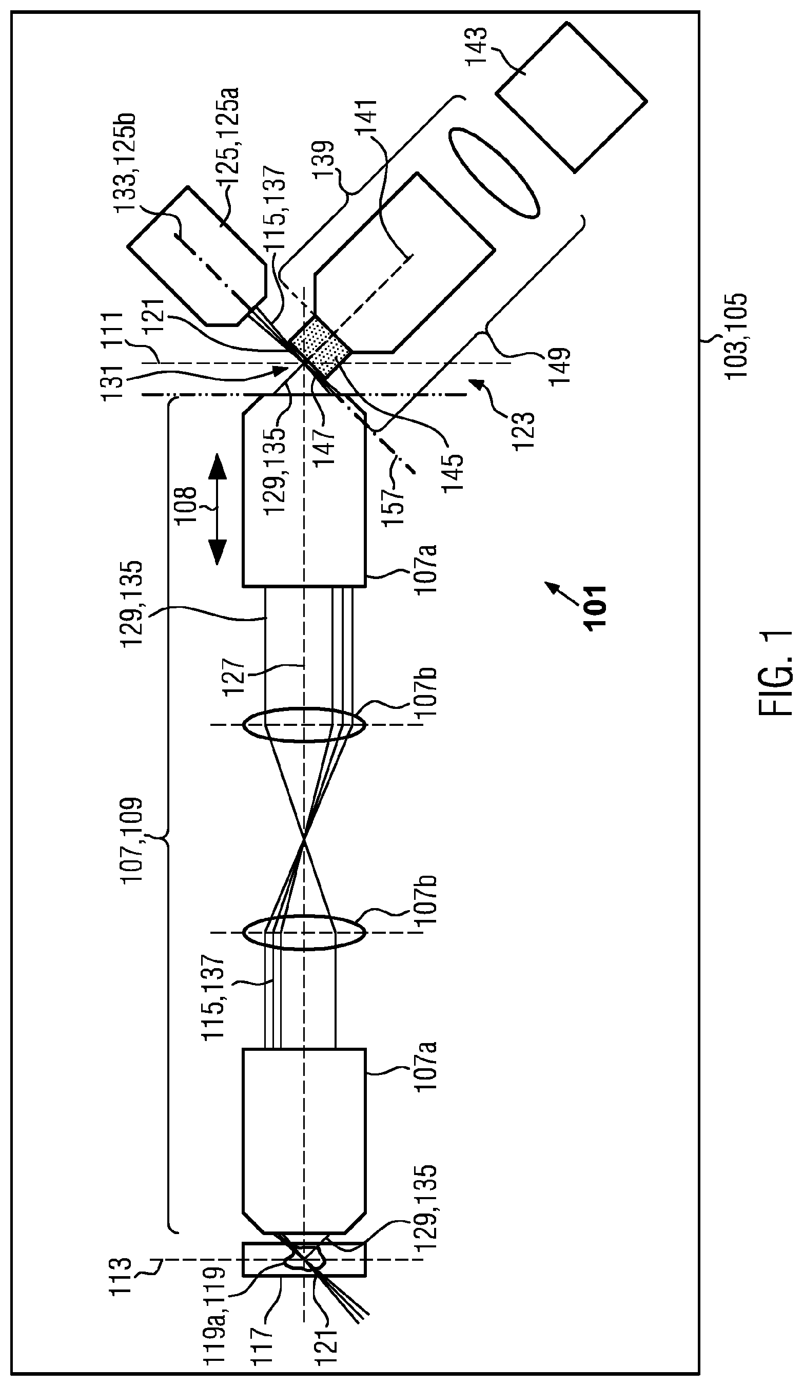 Patent US12326549 Figure 1 – Optical assembly for an inclined-plane microscope for improving the resolution