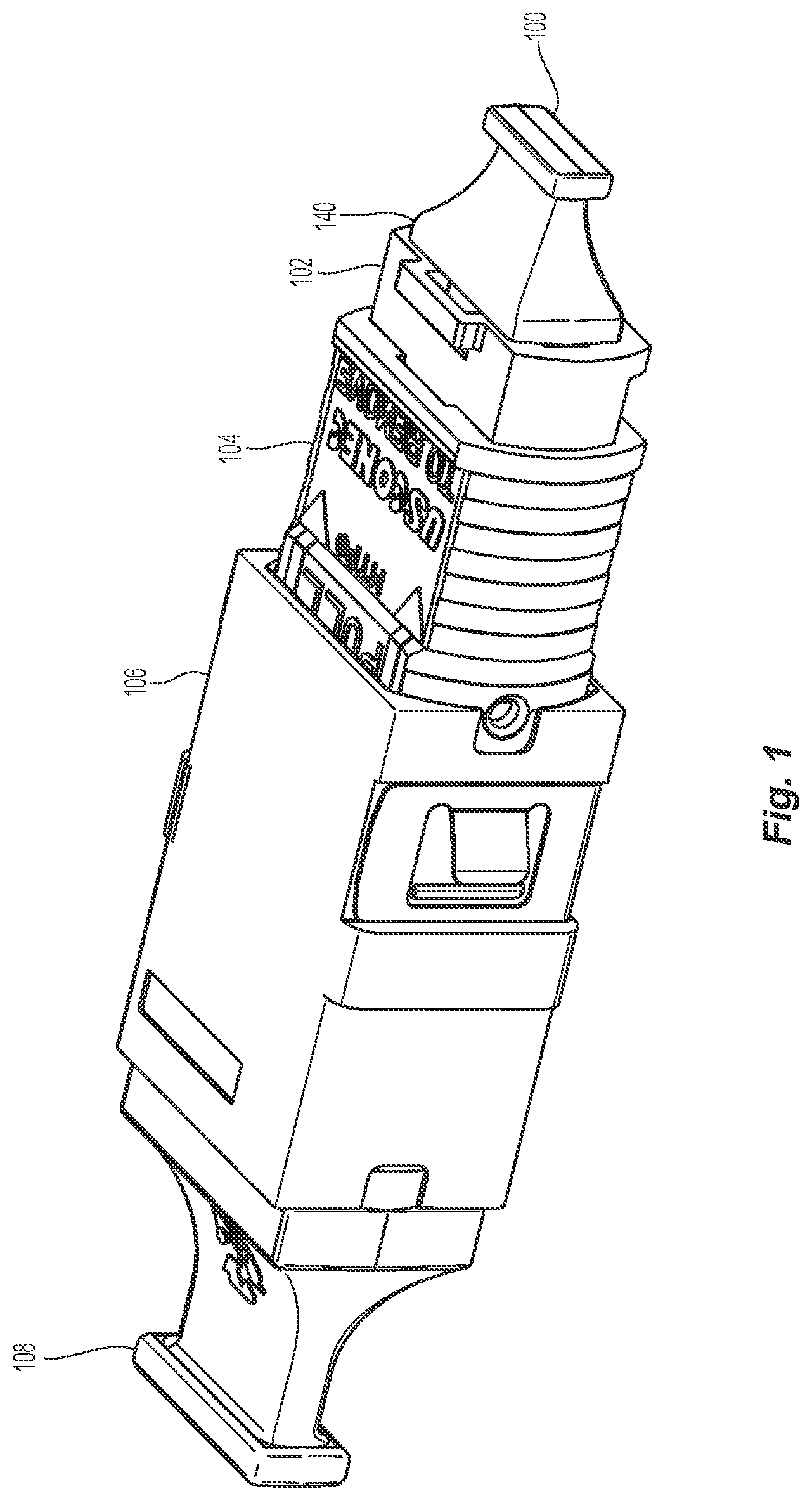 Patent US12326597 — Dust plug for adapter pre-populated with MPO housing — Figure 1