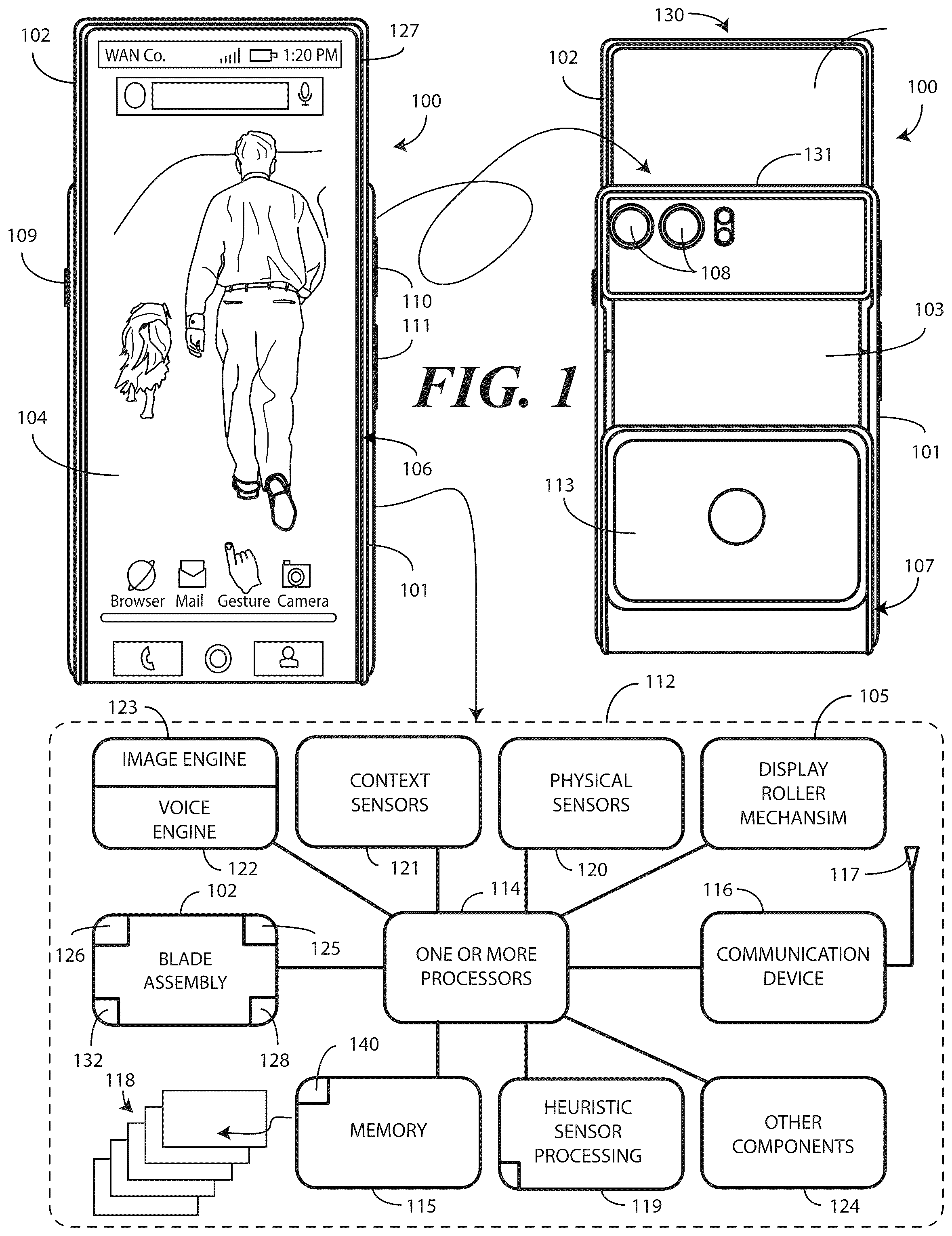 Patent US12326761 — Methods and systems for controlling a translating flexible display of an electronic device in accordance with a learning curve — Figure 1