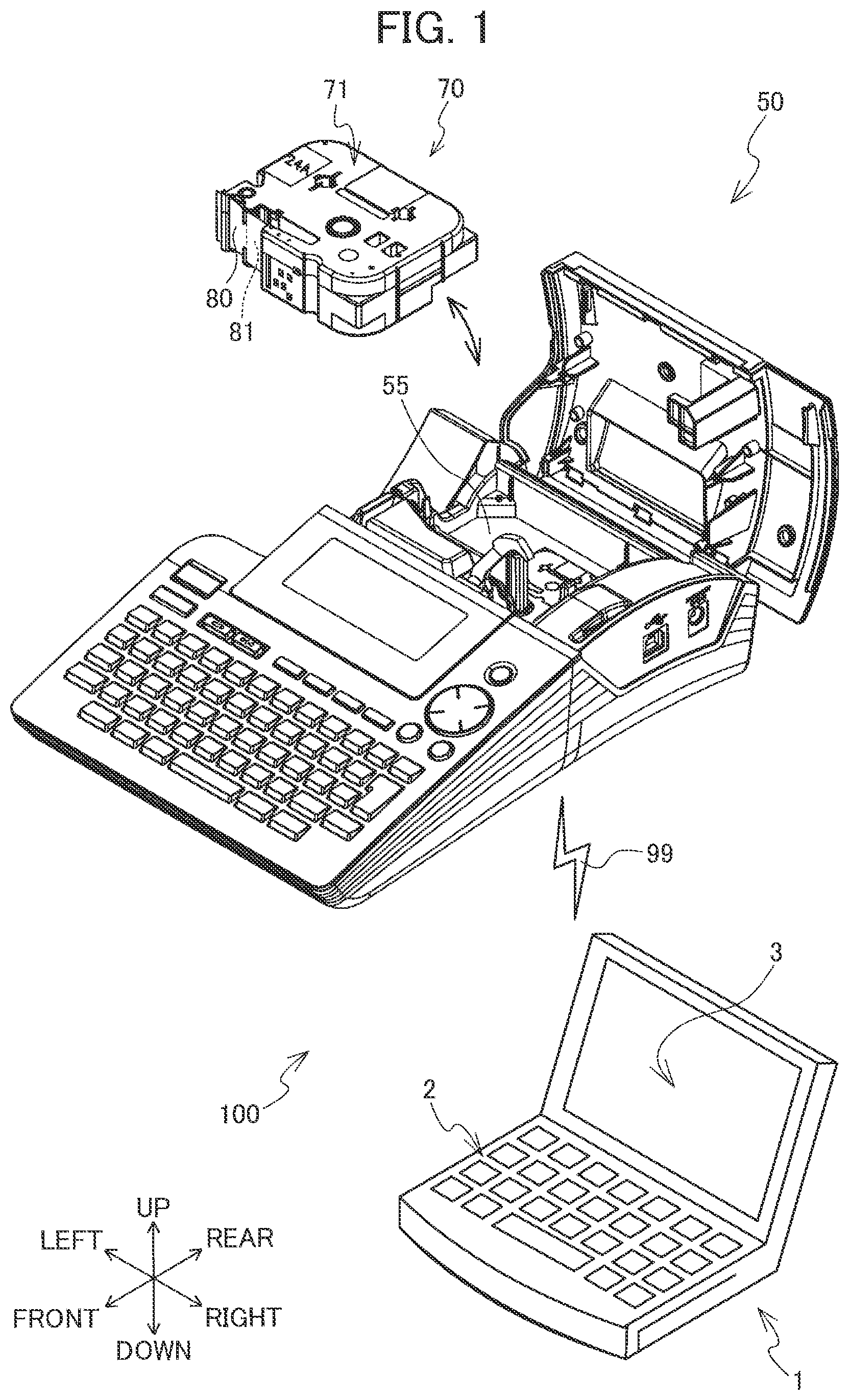 Patent US12327055 — Editing device editing print data via display device for creating composite label with printing device — Figure 1