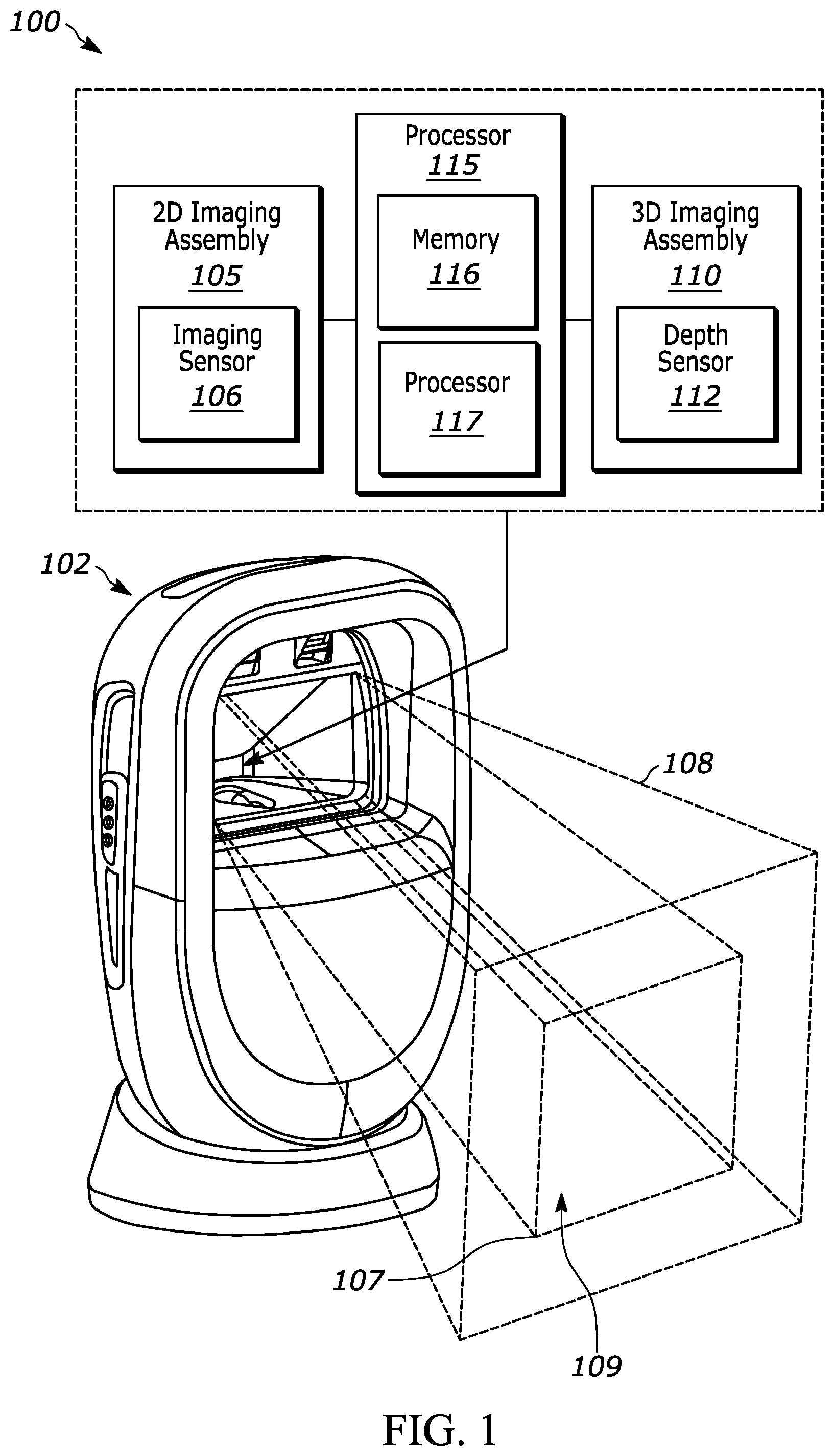 Patent US12327161 Figure 1 – Systems and methods for decoding indicia payload within a scan volume