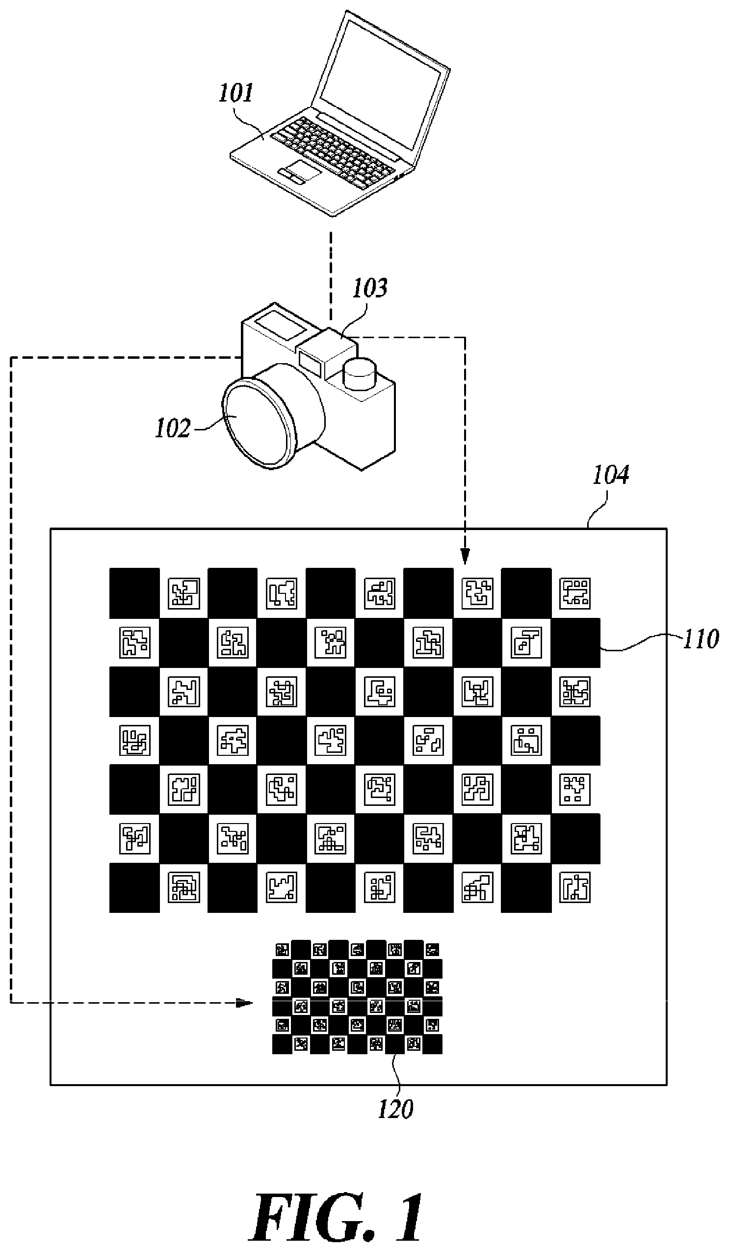 Patent US12327379 — Apparatus and method for calibration between wide angle-narrow angle lenses through dual-ChArUco board — Figure 1