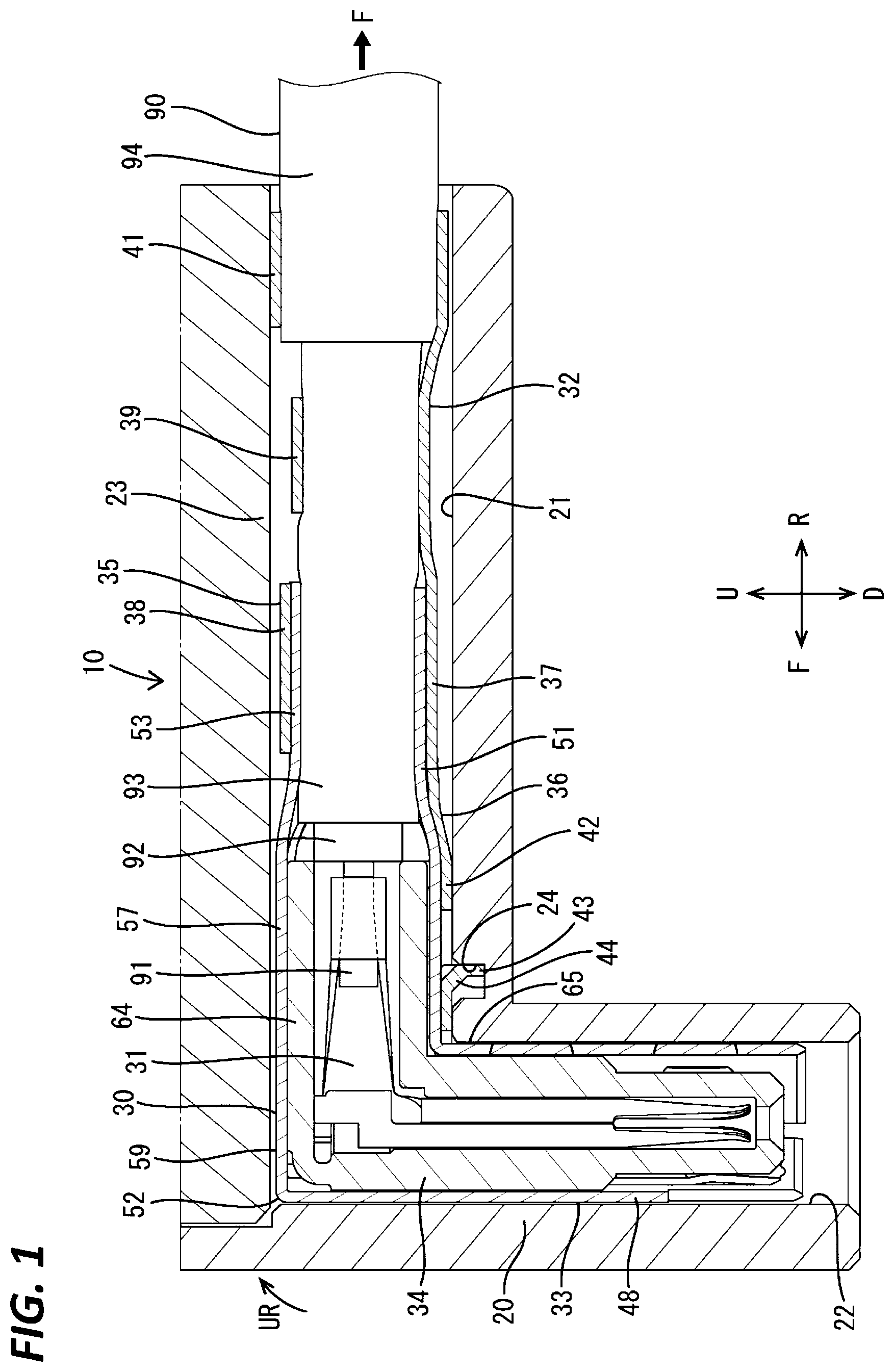 Patent US12327953 Figure 1 – Two part shield terminal with position stabilization and connector therewith