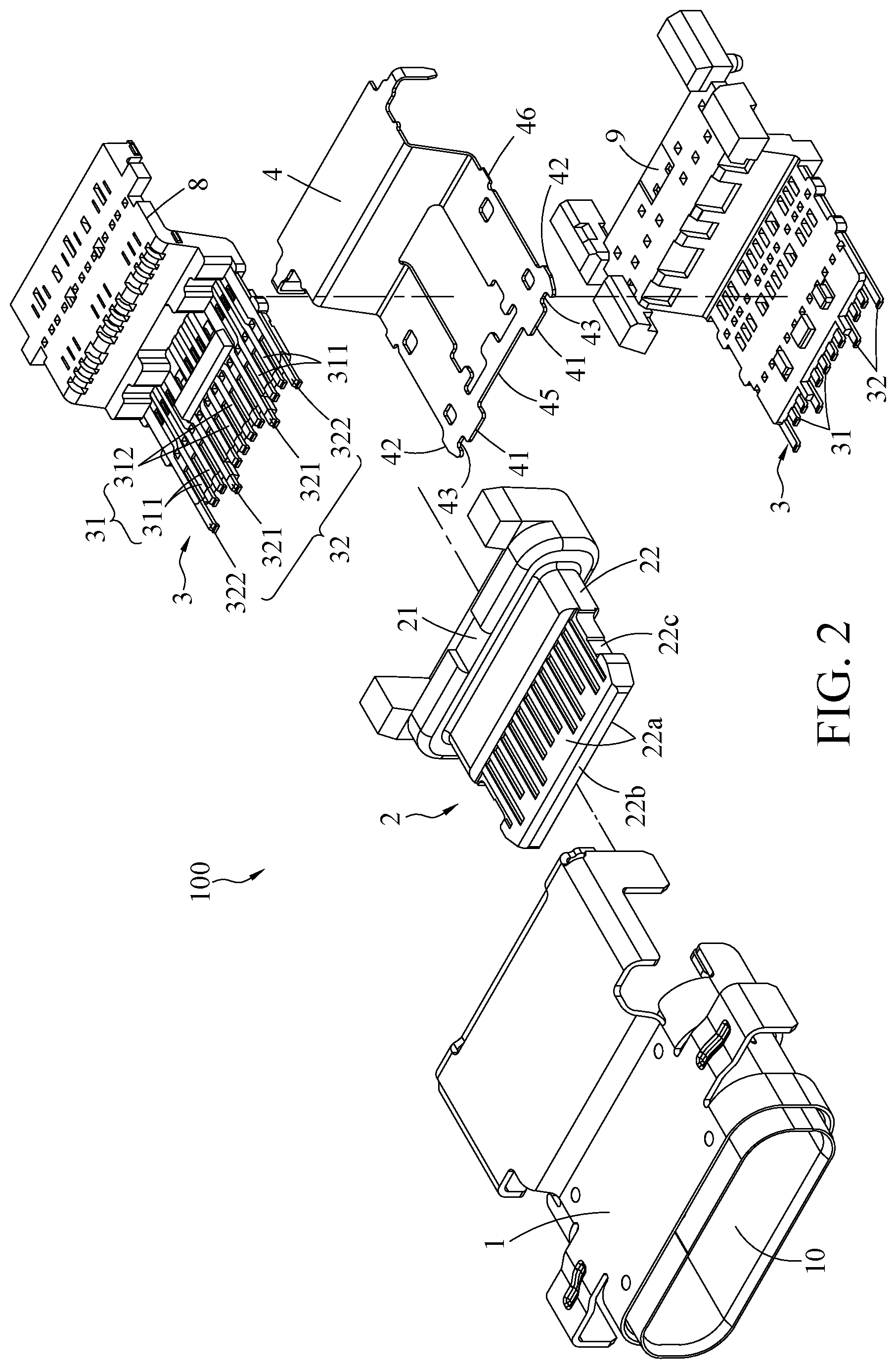 Patent US12327963 Figure 2 – Electrical receptacle connector with central shield