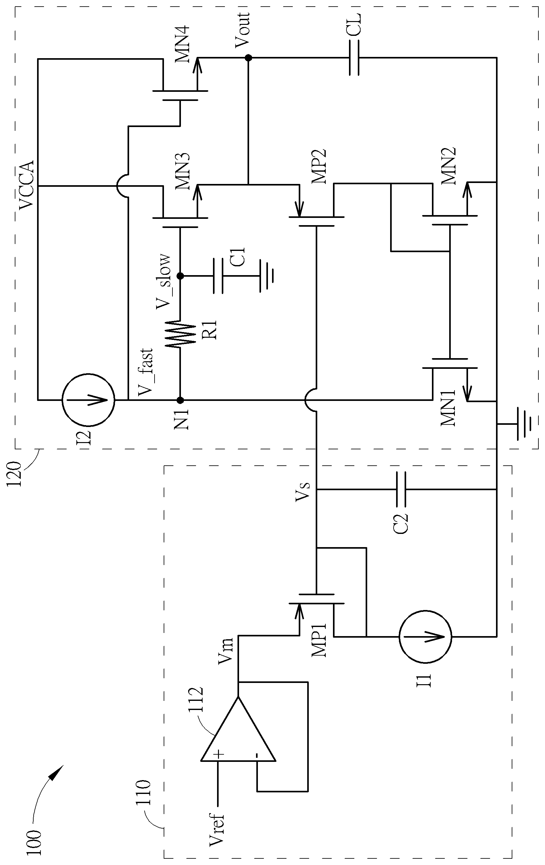 Patent US12328067 — Regulator with flipped voltage follower architecture — Figure 1