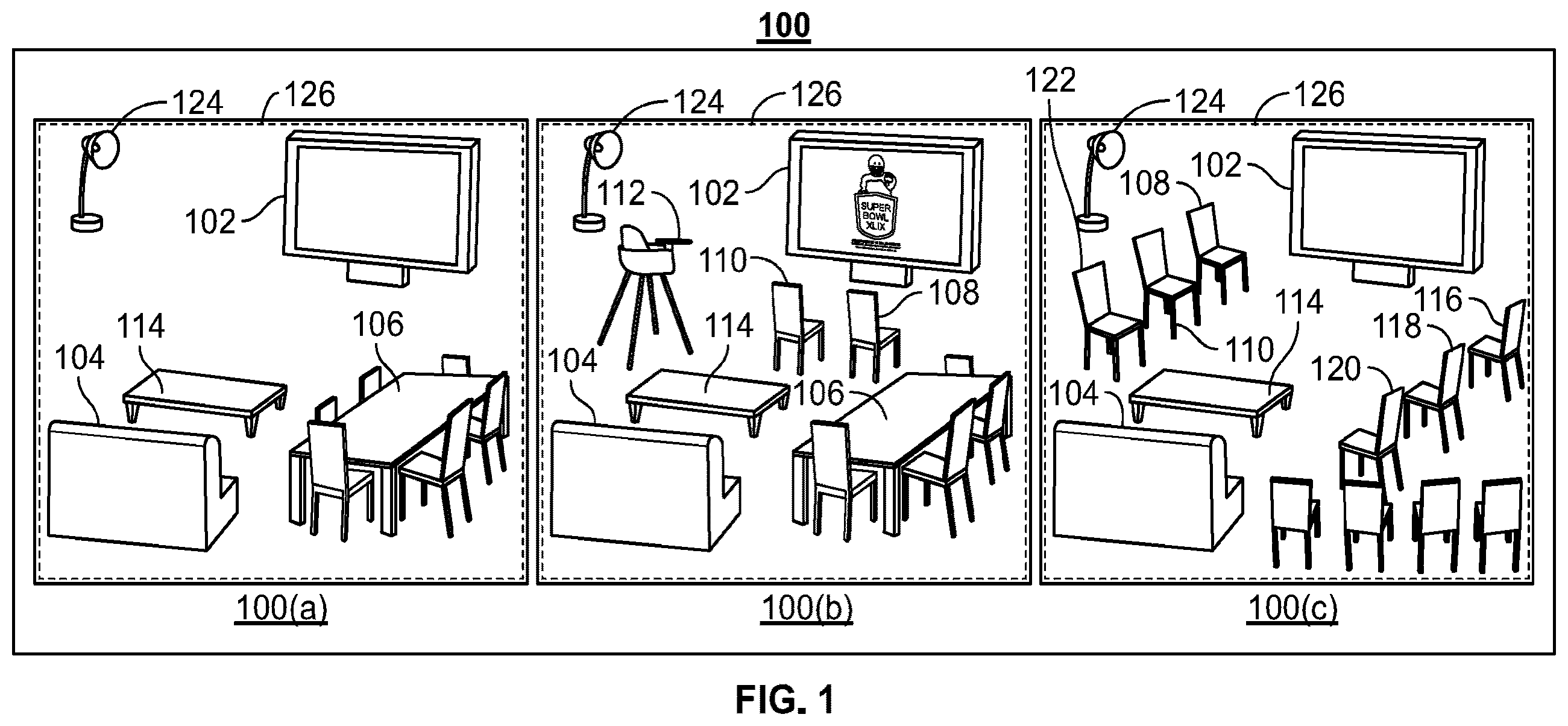 Patent US12328477 — Systems and methods to provide media asset recommendations based on positioning of internet connected objects on an network-connected surface — Figure 1